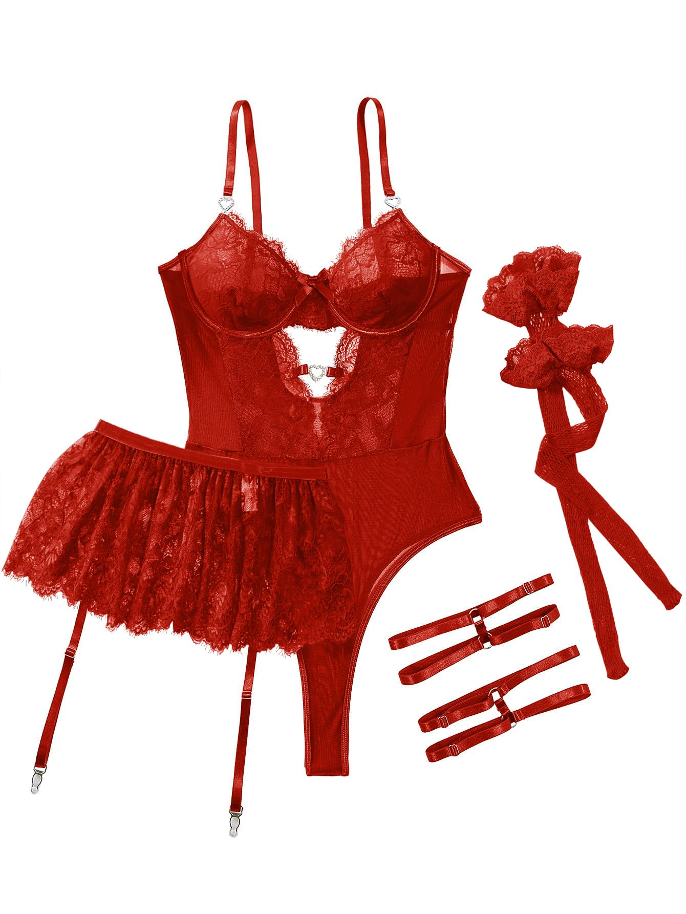 Sexy Outfit Medias sexys con Diamantes de imitación, Liguero con Forma de corazón, Aros, Encaje de Malla Floral, picardías Transparente, lencería, Mono de Peluche, Conjunto de Falda