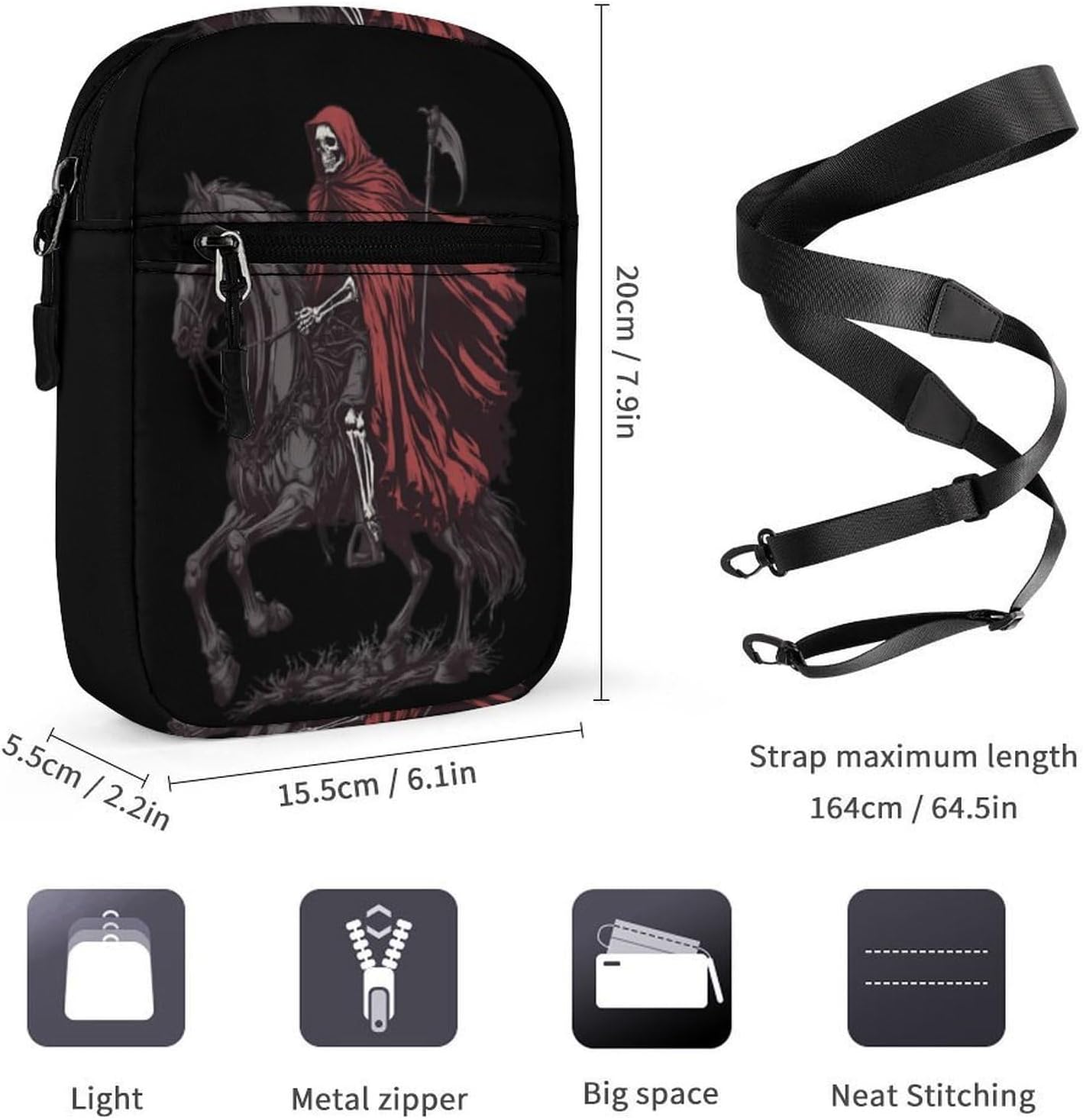 Grim Reaper Skeleton Riding Horse Small Crossbody Bag Sling Shoulder Satchel