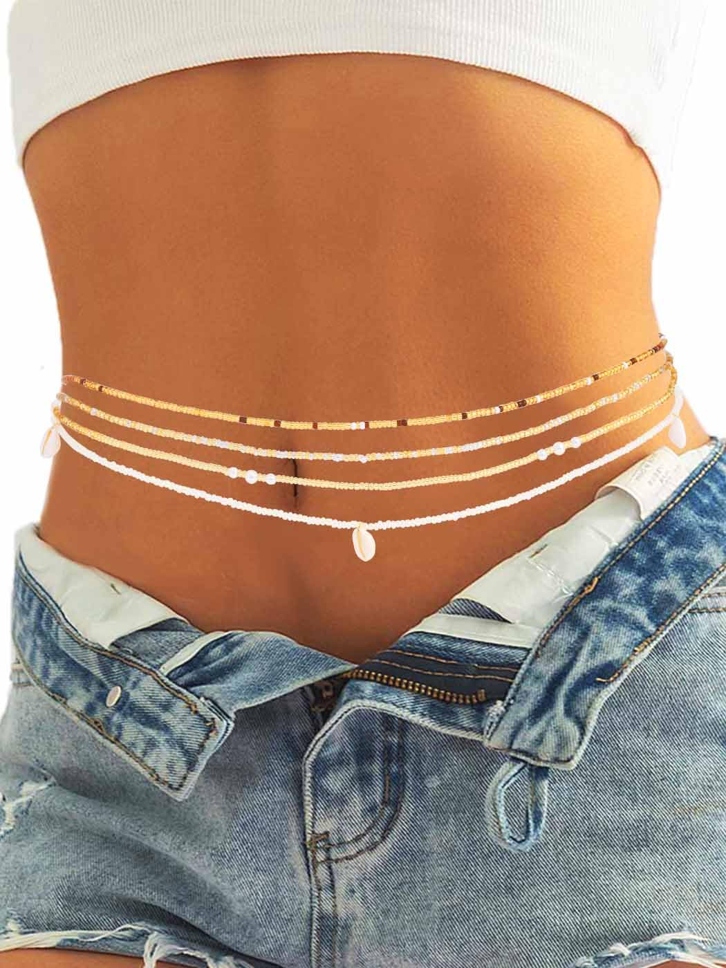 Urieo African Shell Elastic Waist Beads Chain Colorful Stretchy Belly Bead Layered Beaded Bikini Beach Waist Chains for Women: 4