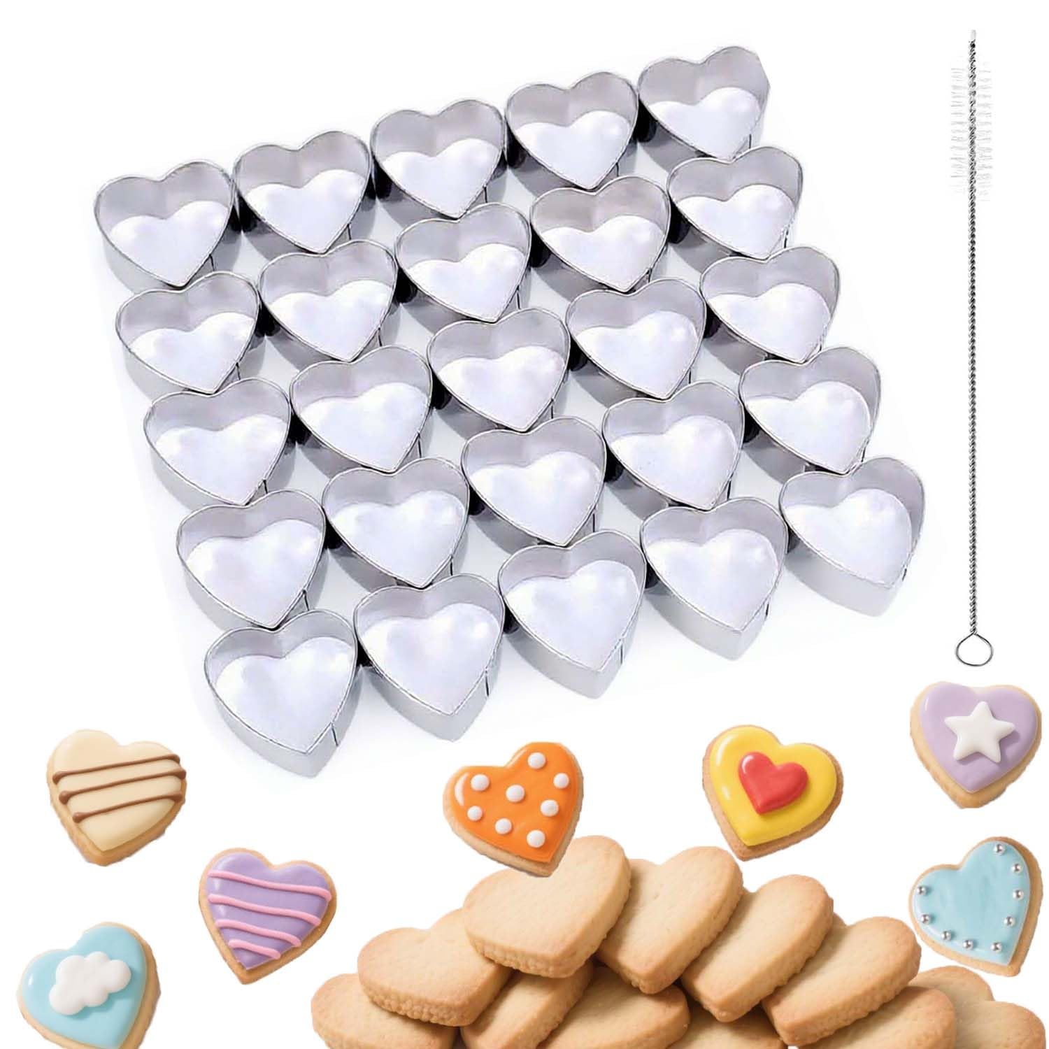 25 cortadores de galletas con forma de corazón de acero inoxidable con cepillos de limpieza, cortadores de pasteles de galletas, cortadores de verduras, hornear, decoración de postres y más