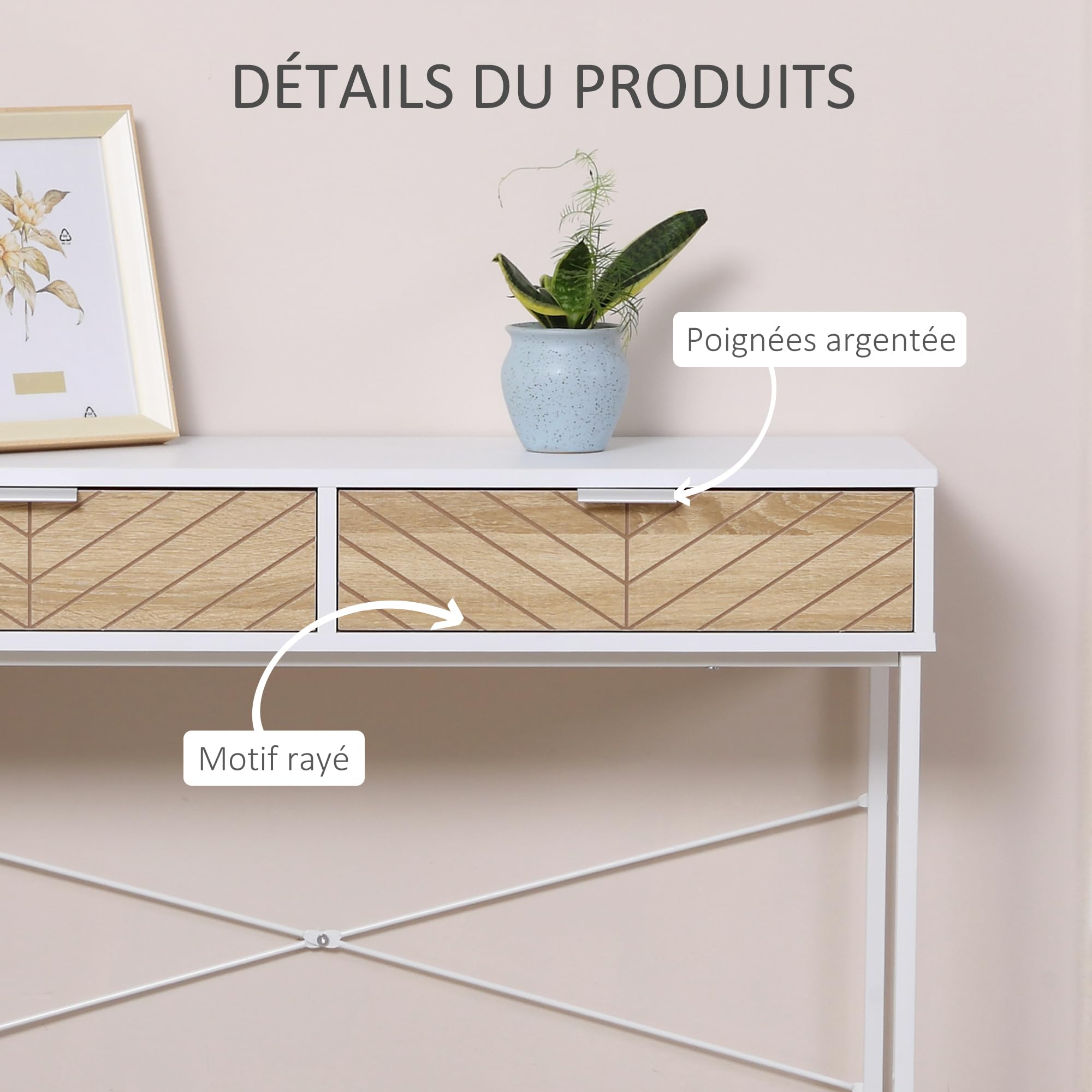 HOMCOM Table Console Industriel 2 Tiroirs Chêne Piètement Métal Blanc