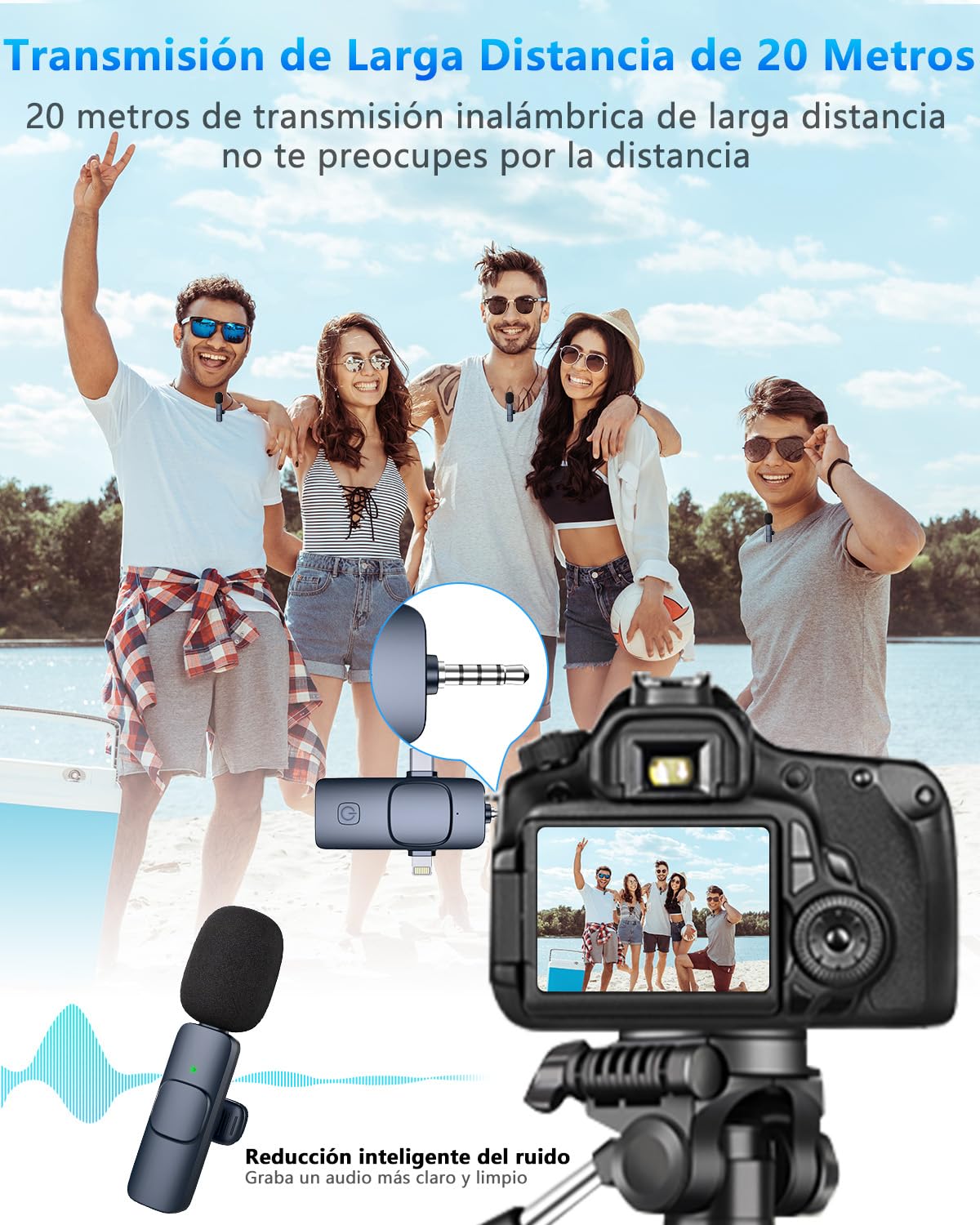 DDKJ Microfono Inalambrico para iPhone/Android/Cámara/PC,Microfono Solapa 4 en 1,Mini Microfono Movil Transmisión de 20M,Micro Inalambrico Plug&Play,Wireless Lavalier Microphone para Youtube/TikTok