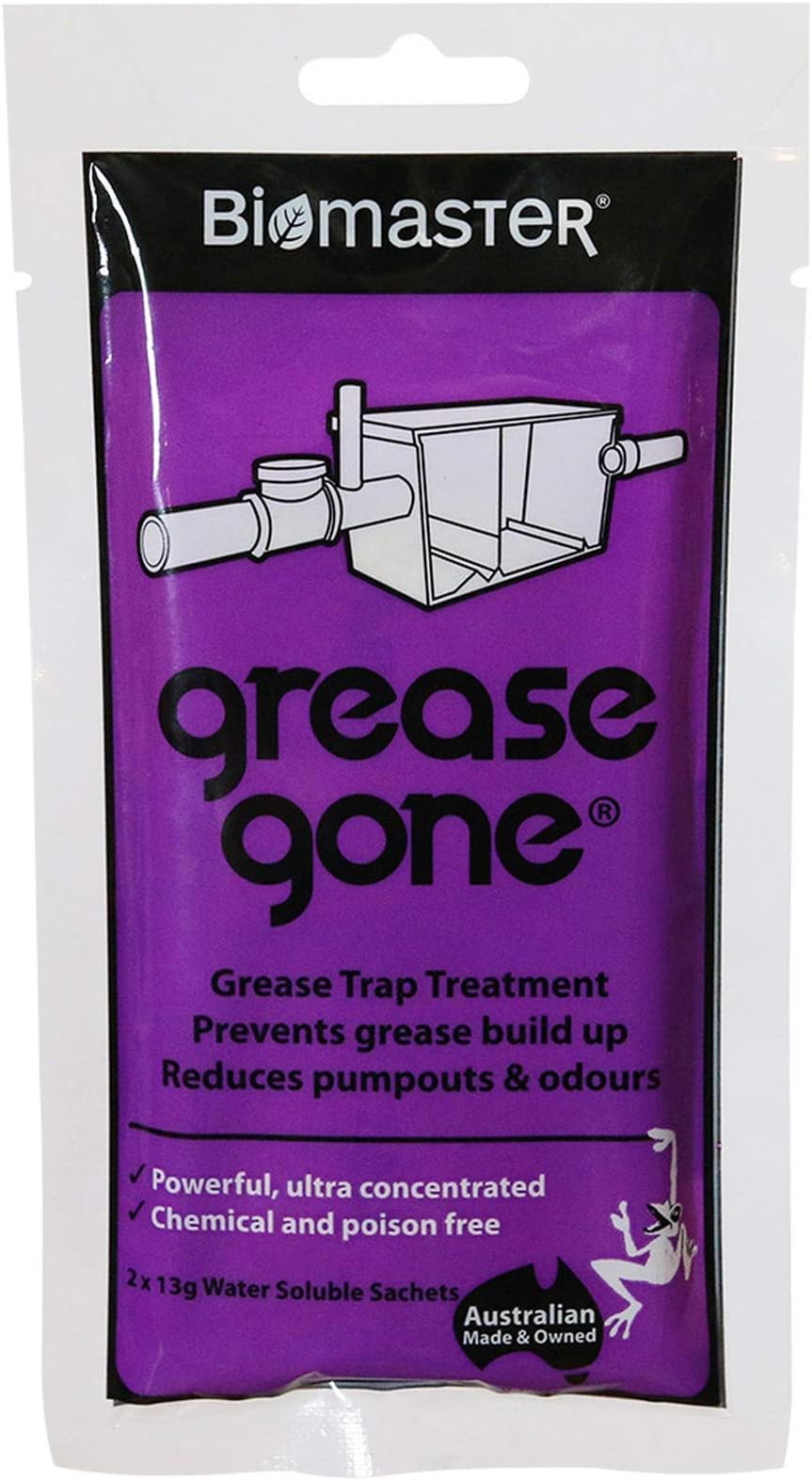 Biomaster Grease Gone Grease Trap Cleaner Treatment, Turns Fat, Oil and Grease to Water, Reduces Odors and Pump-Outs (2 Sachets)