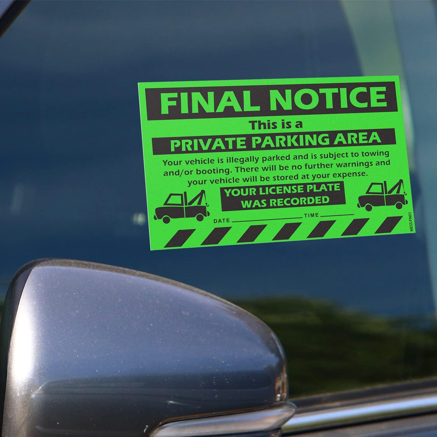 100 MESS Parking Violation Stickers, 8x5 in – Super Sticky Final Notice Warning Labels for Towing & Improperly Parked Cars – Hard to Remove (Green)