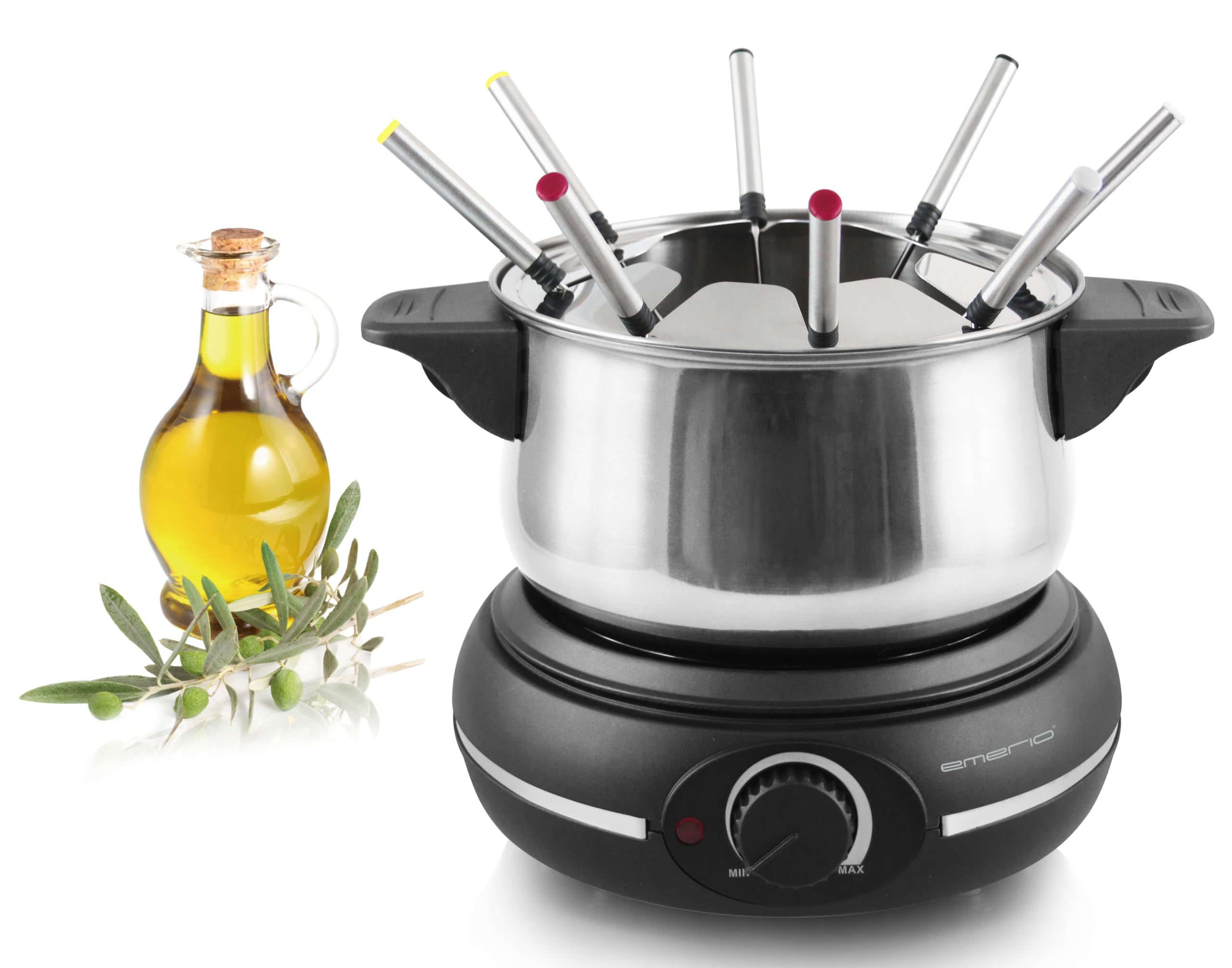 Emerio elektrisches Fondue Set für bis zu 8 Personen | nutzbar als Öl-, Brühe-, Schoko oder Käse-Fondue | inkl. 8 Fonduegabeln | stufenloser Thermostat | Edelstahltopf mit Spritzschutz | 1500 Watt
