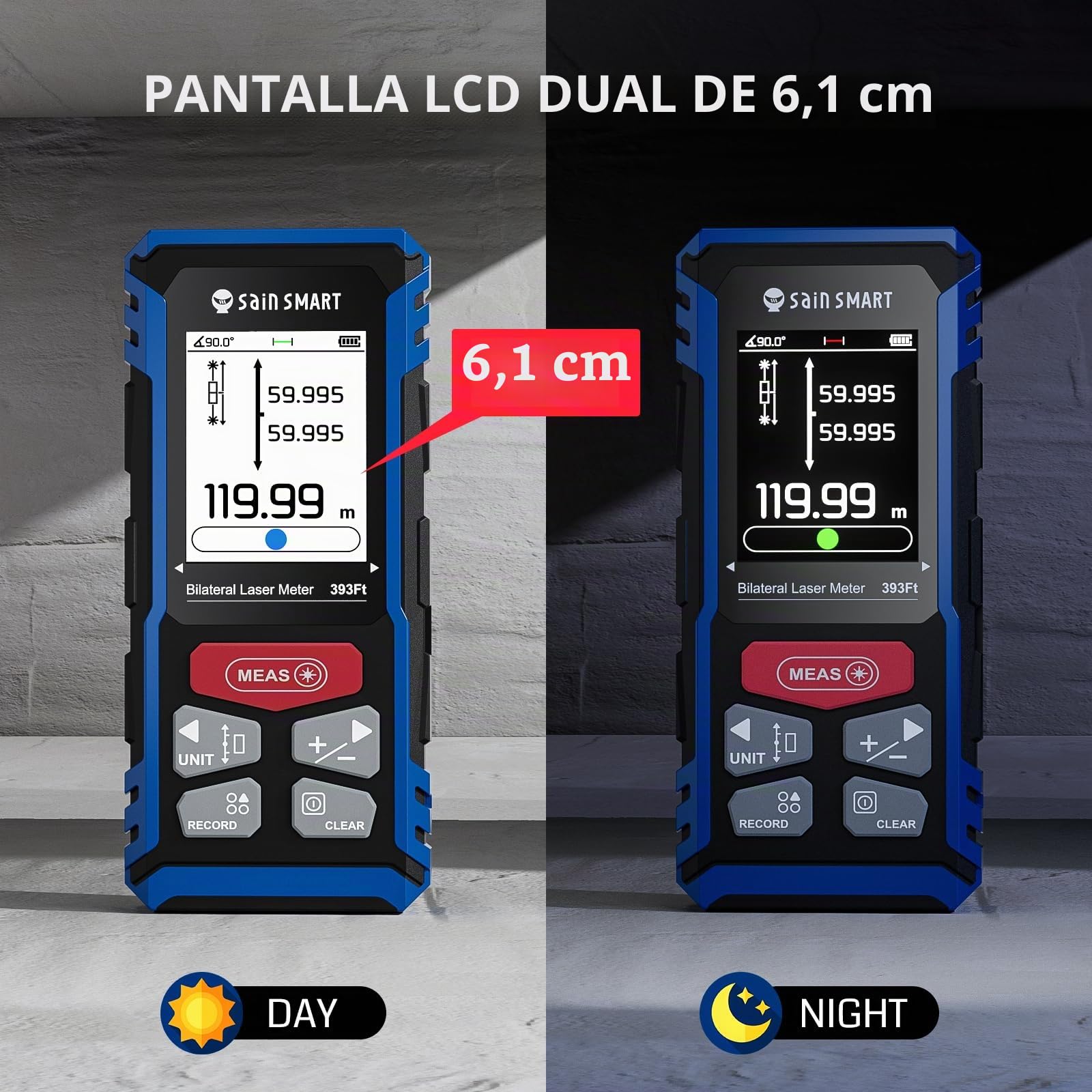 Medidor láser Doble SainSmart, medidor de Distancia Bilateral de 120 m con Pantalla LCD retroiluminada, medidor láser Recargable, Sensor de Longitud, área, Volumen y ángulo