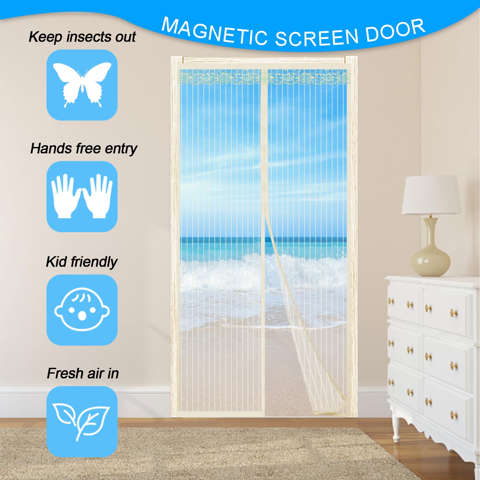 Fliegengitter Tür Magnet 60x200 Cm – Insektenschutz Ohne Bohren, Beige Streifen, Für Balkon- & Terrassentüren