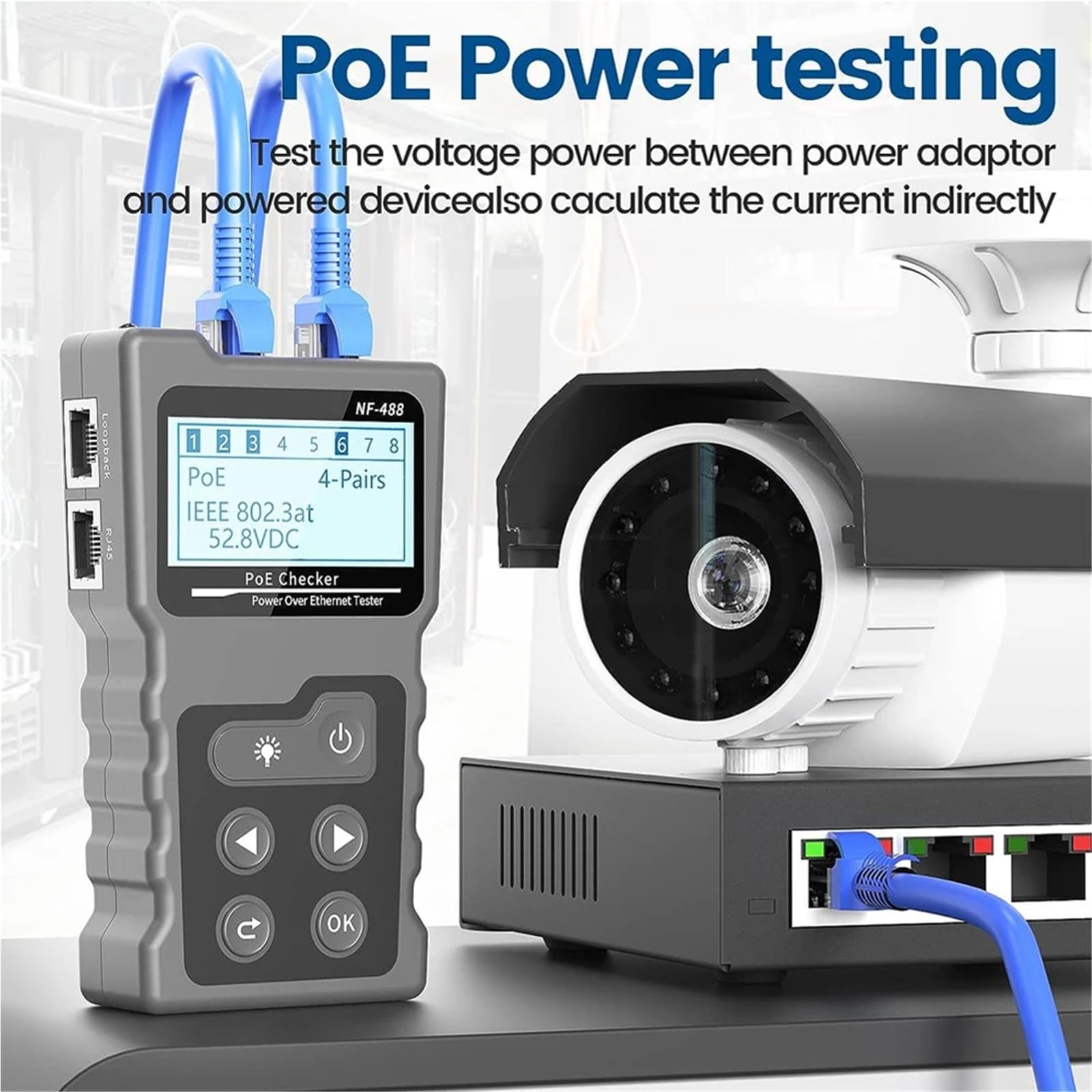 Tester Kabli Sieciowych, Tester okablowania sieciowego NF-488 PoE Tester okablowania Ethernet Test ciągłości przełącznika zasilania DC Test pętli zwrotnej dla CAT5e/CAT6/6a