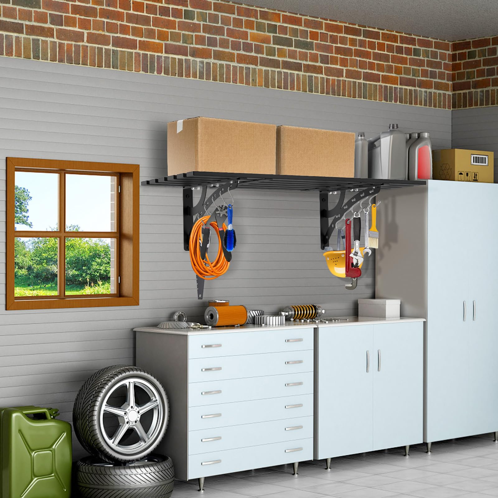 BeneLabel Confezione da 2 Mensole da Garage, Resistenti Mensole per Attrezzi da Parete, Robuste Staffe Galleggianti in Metallo con Ganci per Cucina/Ripostiglio/Capannone Degli Attrezzi, 96 x 40 cm