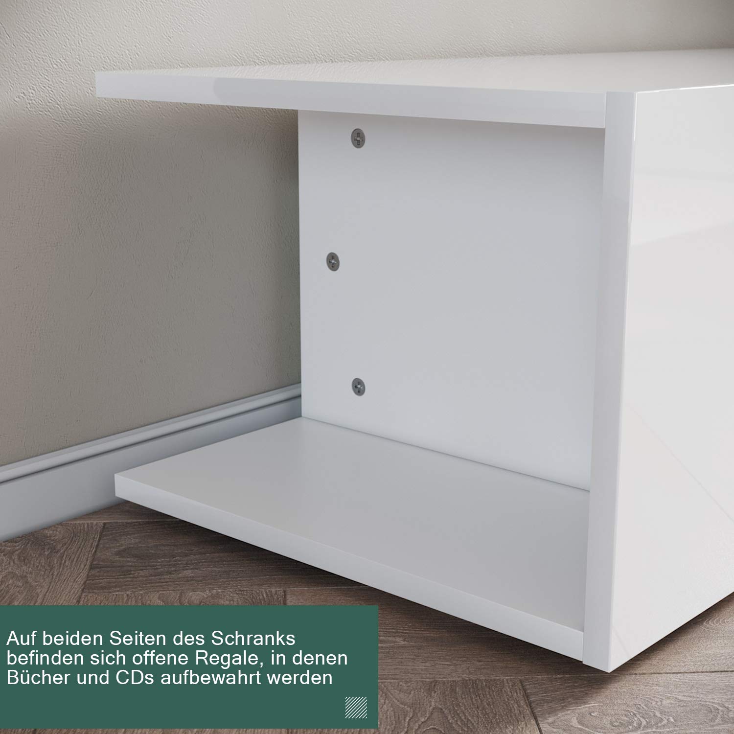 SONNI TV Schrank, Fernsehtisch, TV Lowboard Hochglanz, TV-Regal, 12-LED-Farben, Glasböden, Fehrnser Tisch 135 cm breit, 135x39x30cm, Weiß, GTV003W-WHITE-3.