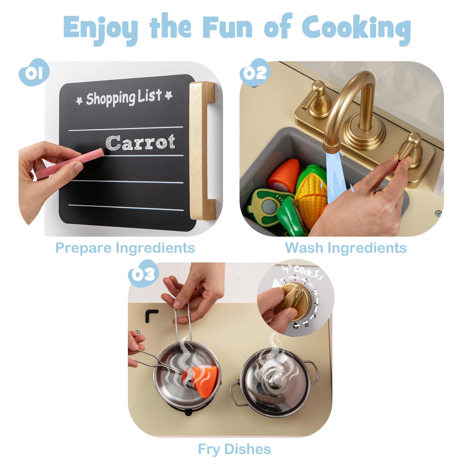 HOMASIS Cucina per Bambini in Legno, Cucina Giocattolo con Microonde Illuminato, Fornello, Forno, Lavandino, Macchina per il Gelato, Lavagna, 8 Accessori e Cestini, per Bambini dai 3 Anni, Bianco