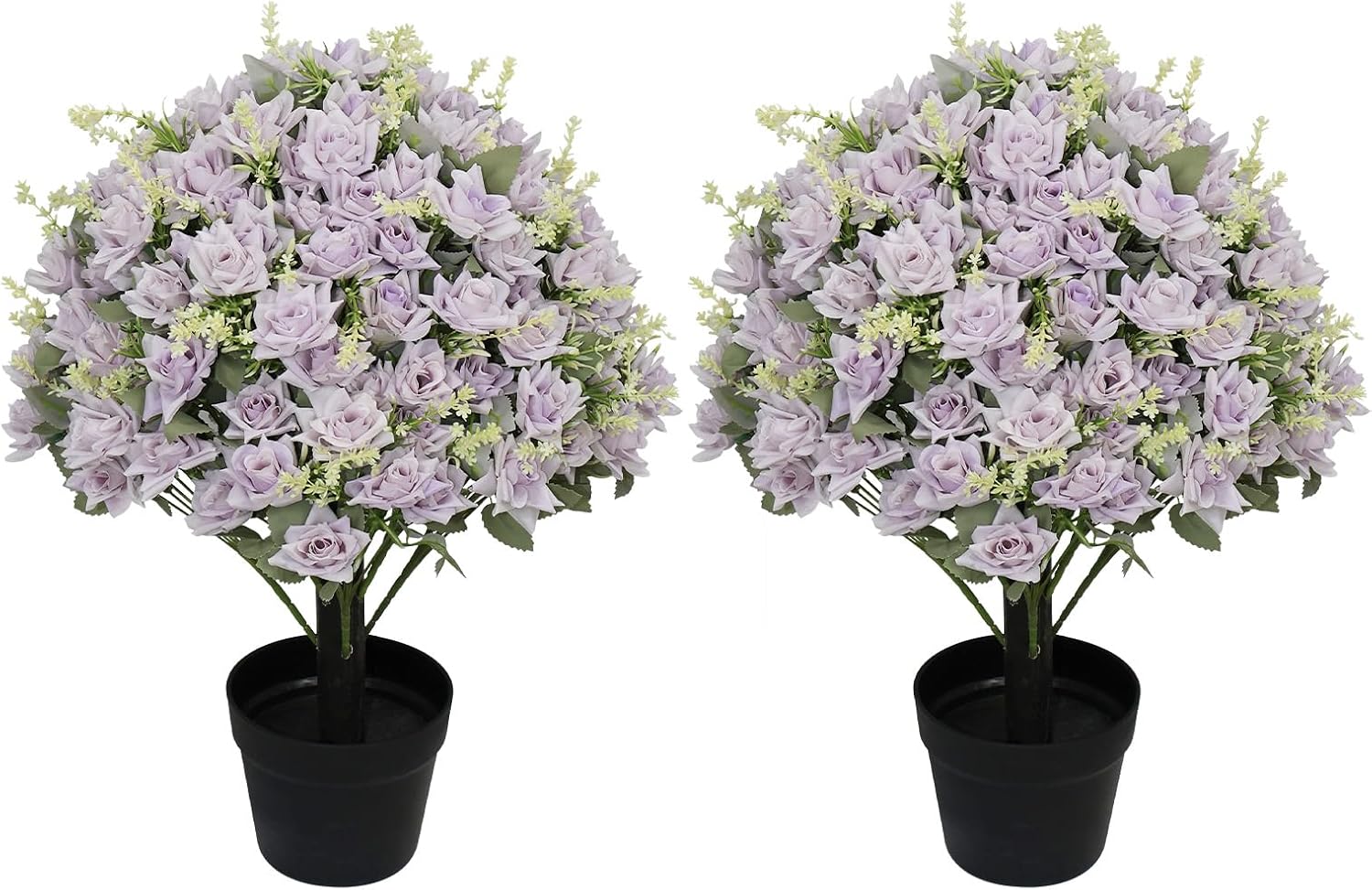 24” Artificial Flowers for Outdoors, Set of 2 Realistic Faux Purple Roses in Cement Pots, UV Resistant Fake Plants Look Real for Front Porch, Entryway & Indoor Spring Decor