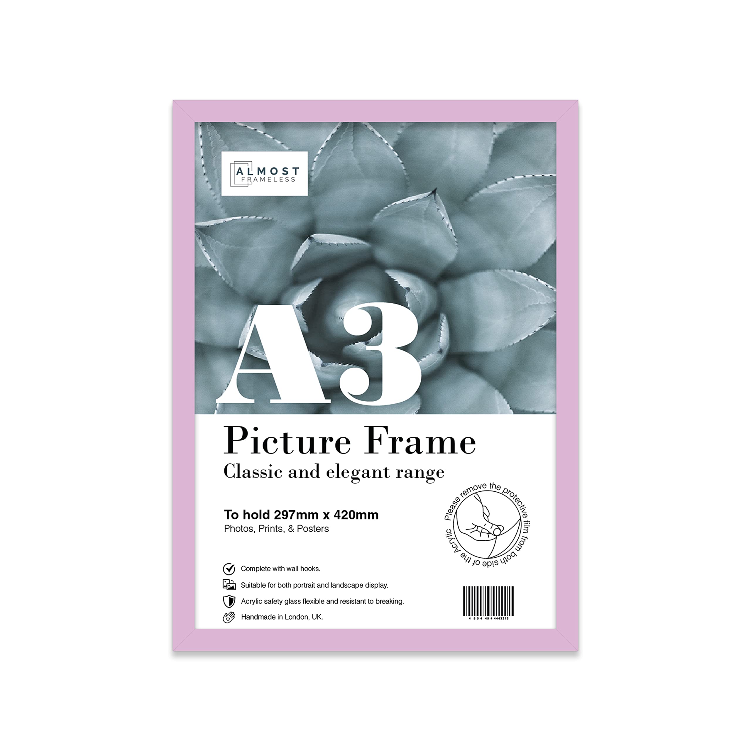 Almost Frameless A3 Lilac Picture Frame, Fits A3 (29.7 x 42cm - 11.7 x 16.5in) Poster, Photo, or Print. Portrait and Horizontal Wall Hooks