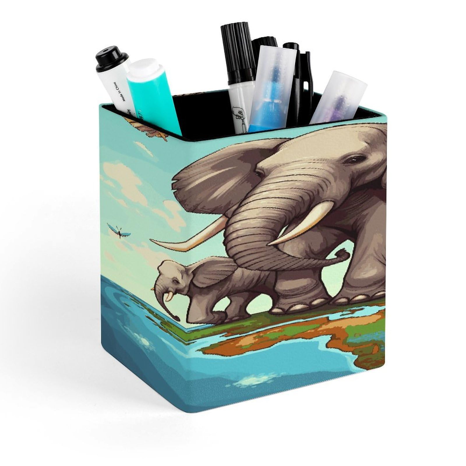 JTREHY Elephants Pen Holder Square Pen Pencil Holder Makeup Brush Holders Cup PU Leather Pencil Cups Desktop Caddy Stationery Organizer Case Office Accessories Container Box