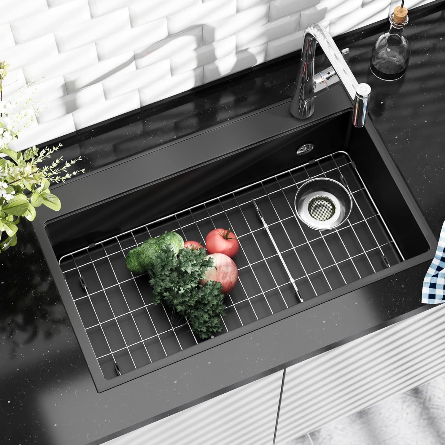28-1/4" x 14.37" x 1-1/4" Metal Stainless Steel Sink Protectors for Kitchen Sink, Sink Rack for Bottom of Sink with Side Drain, Sink Grate for Bottom of Kitchen Sink with Sink Strainer