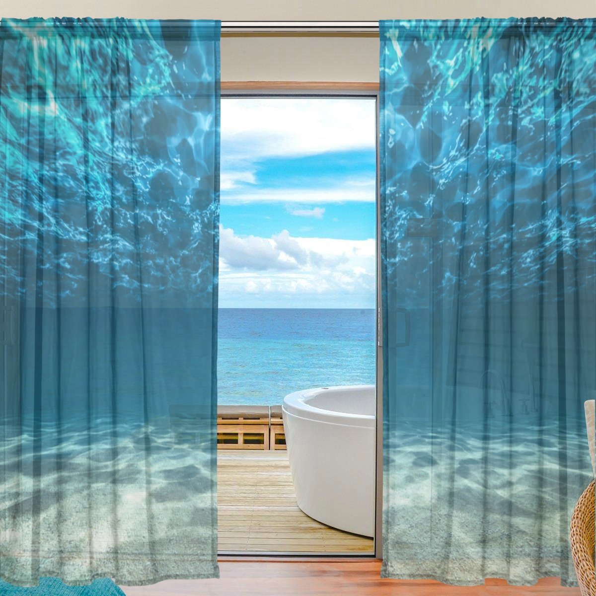 SEULIFEWindow Sheer Curtain Ocean Sea Bottom Underwater World Voile Curtain Drapes for Door Kitchen Living Room Bedroom 55x84 inches 2 Panels