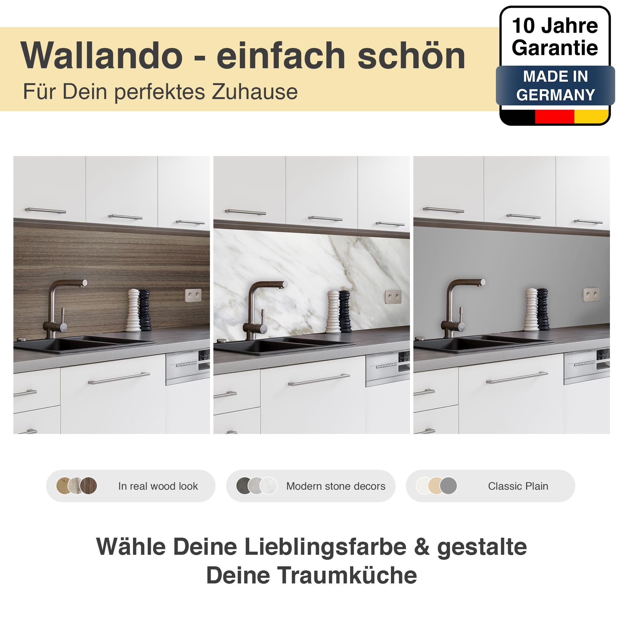 WALLando Pannello posteriore della cucina di alta qualità, dimensioni personalizzate – Rivestimento da parete in PVC facile da montare per la cucina – Paraspruzzi resistente al calore in pannelli di