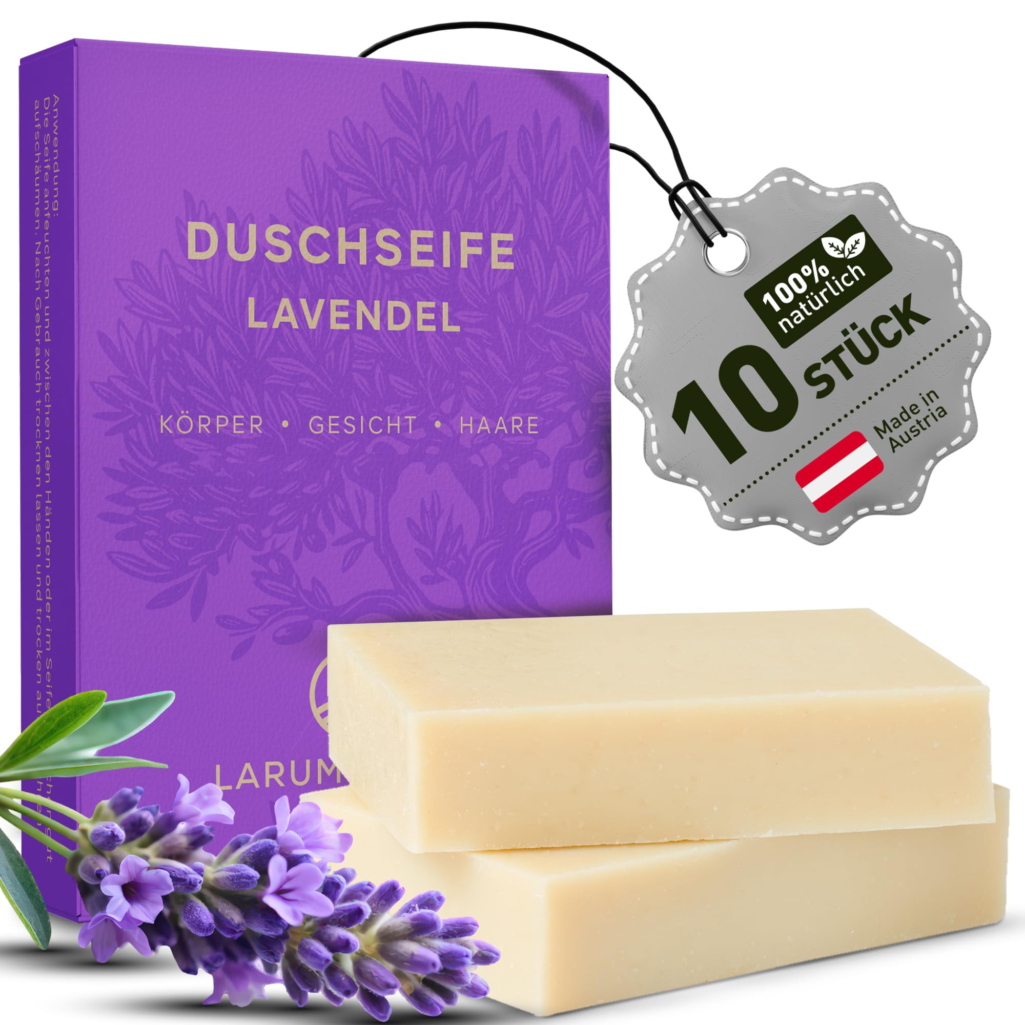 larum sports feste Duschseife Frauen 3 in 1, Lavendel, 10x 85 g | Festes Shampoo, Seife Stück, 3 in 1 Haare Körper Gesicht, Naturseife, vegane Körperseife, festes Duschgel