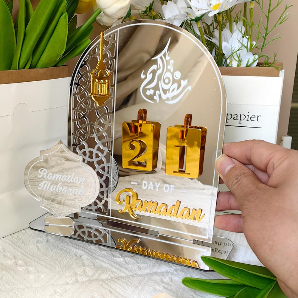 Silver Acrylic Ramadan Countdown Calendar Day of Ramadan Advent Calendar Eid Mubarak Count Down Desk Calendars Kareem Ramadan Decorations for Home Muslim Festival Reminder Islam Decor Party Supplies