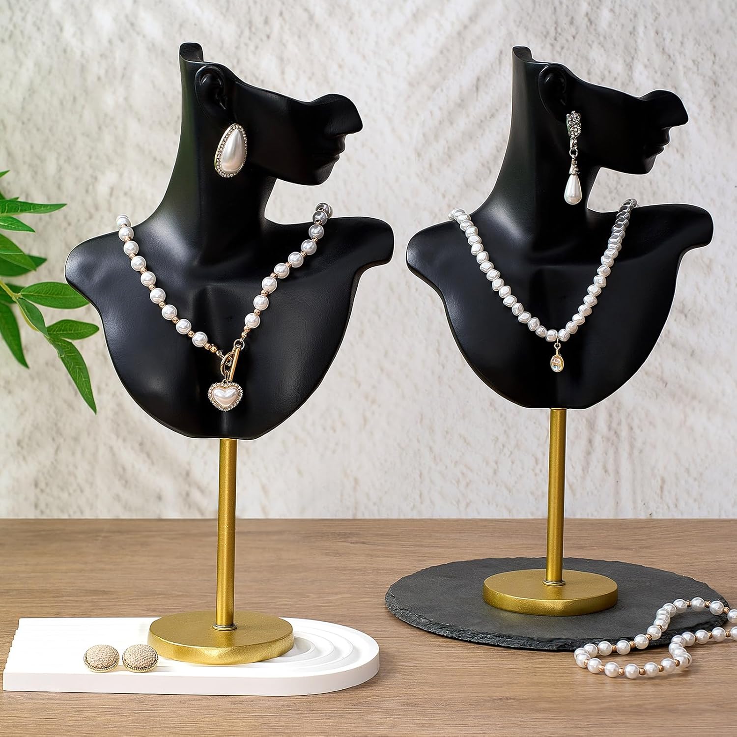 2 Pieces Jewelry Necklace Mannequin Display Stand Black Necklace Display Stand Earring with Gold Metal Base Jewelry Bust for Earrings Show Retail Boutique Vendors