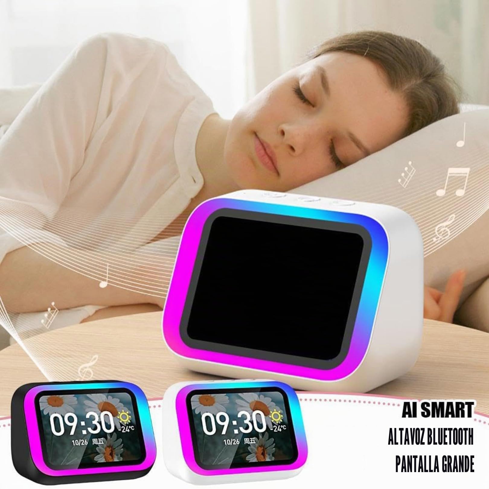Reloj Despertador Inteligente Ai con Altavoz Bluetooth 5.4, Luces RGB, Pantalla de Hora y Clima, Reloj Digital de Mesita con Llamadas Manos Libres para Dormitorio y Sala de Estar White