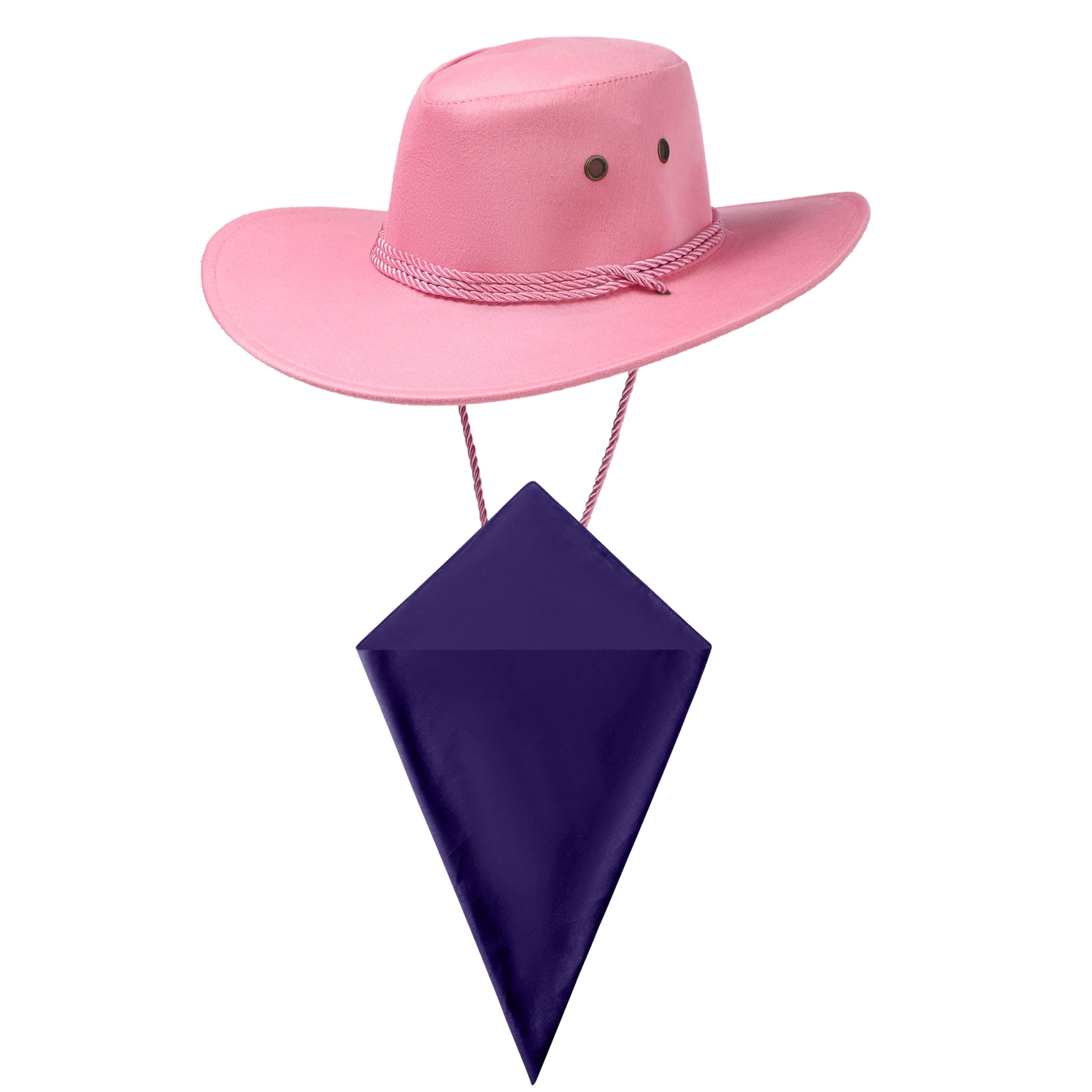 Pink Cowboy Hat and Plain Navy Blue Bandana Western Sun Cap Faux Felt Leather Suede Fancy Dress Party Costume Outfit Neckscarf Sun Protection Mens Womens