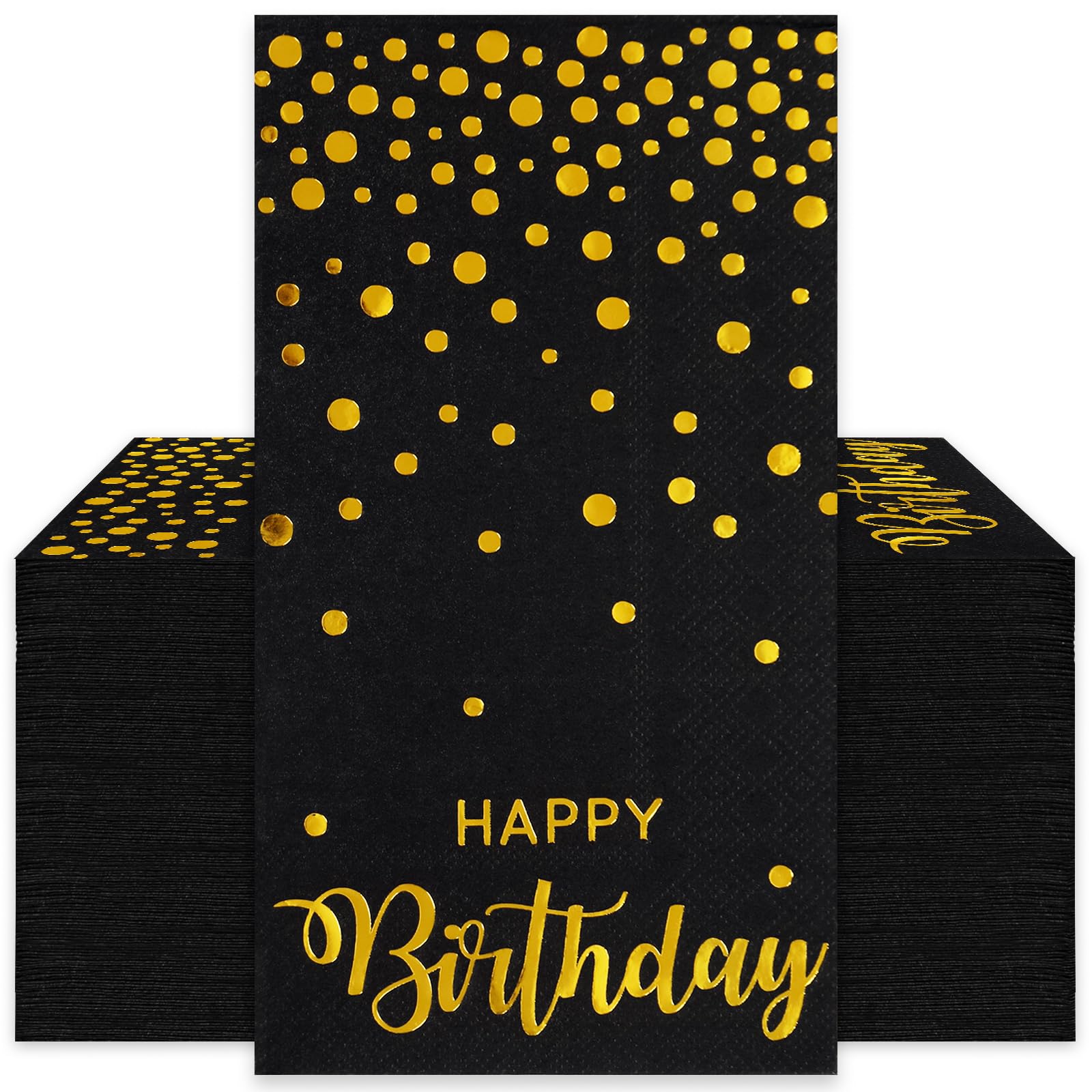 JarThenaAMCS 50 servilletas de papel desechables para invitados de feliz cumpleaños, papel de aluminio negro y dorado, servilletas de mano, para decoración de mesa de fiesta de cumpleaños