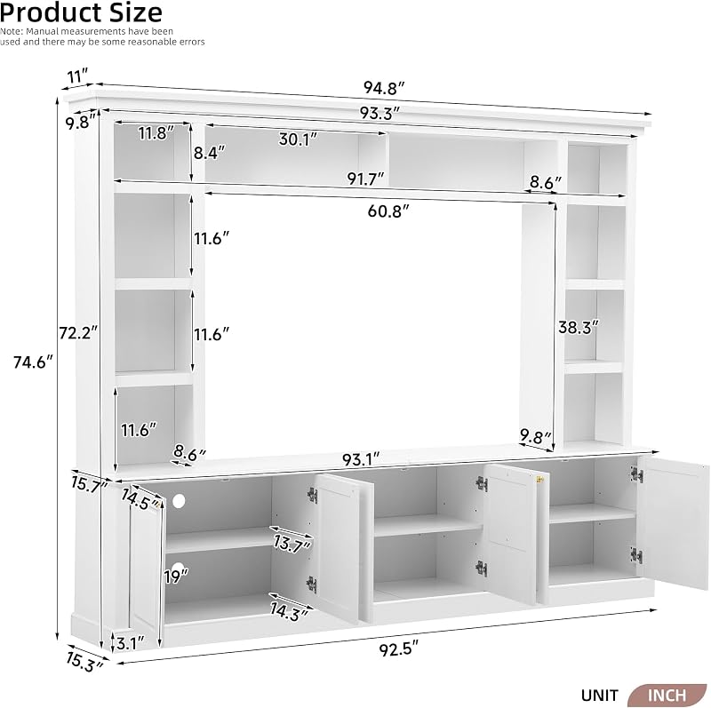 Marzzi Wall Unit Entertainment Center for TVs up to 65" Large Media Console image 2