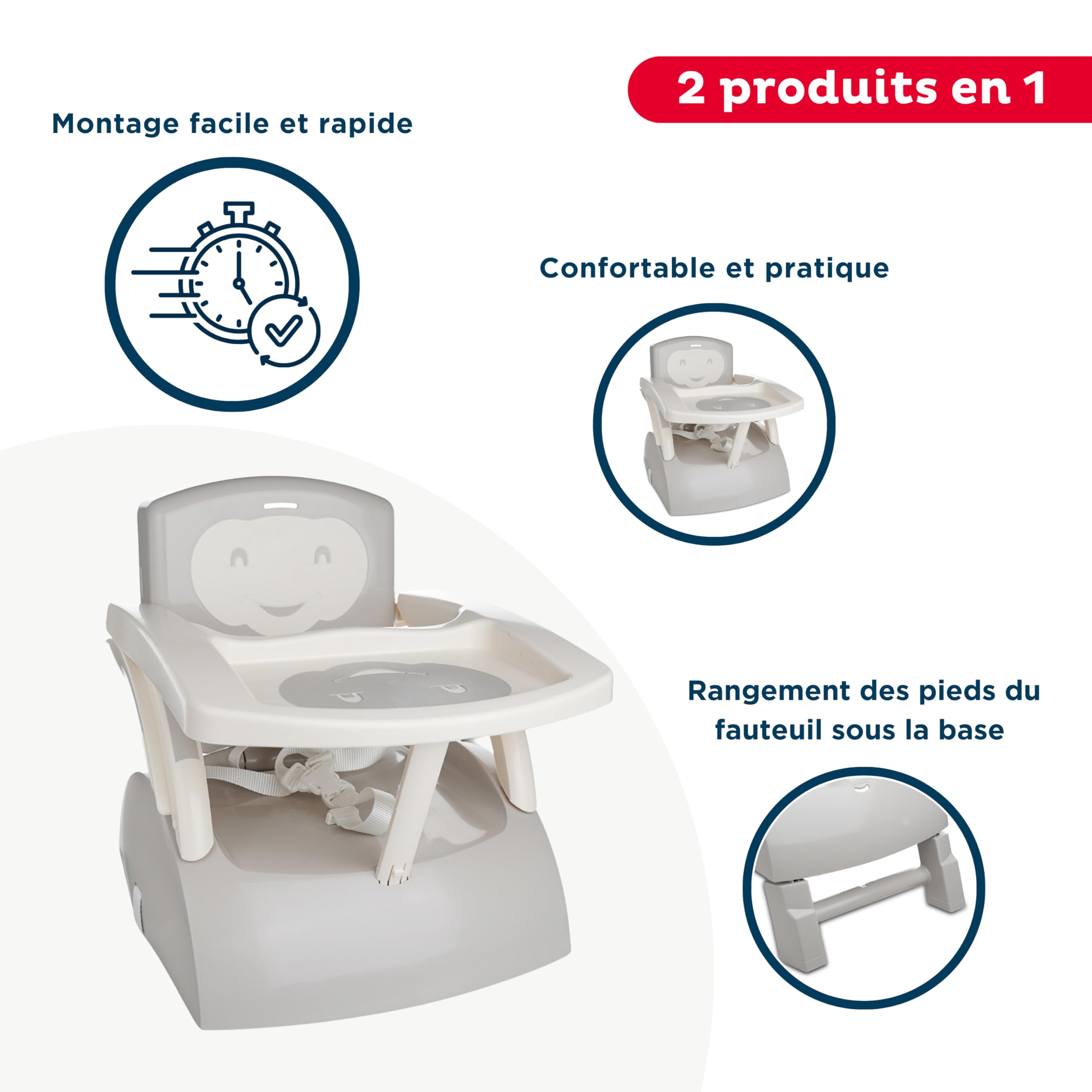 THERMOBABY Rehausseur de Chaise Évolutif 2en1 pour Enfant avec Tablette Amovible, Harnais 3 Points, Gris Velours