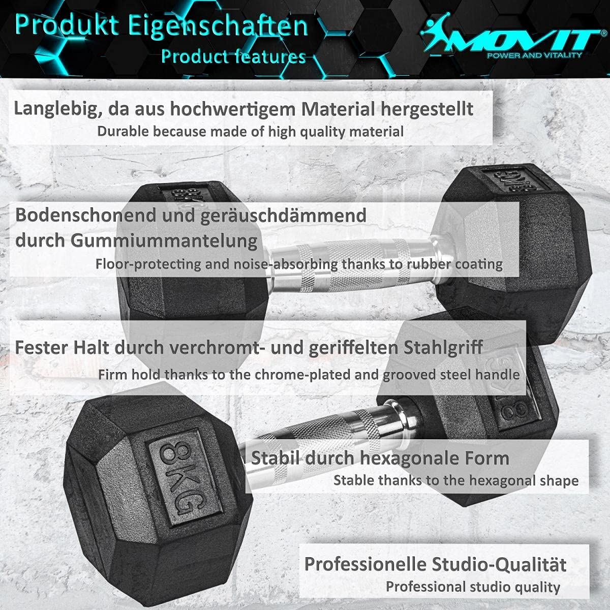 MOVIT Set di 2 Manubri esagonali, 4 – 60 kg