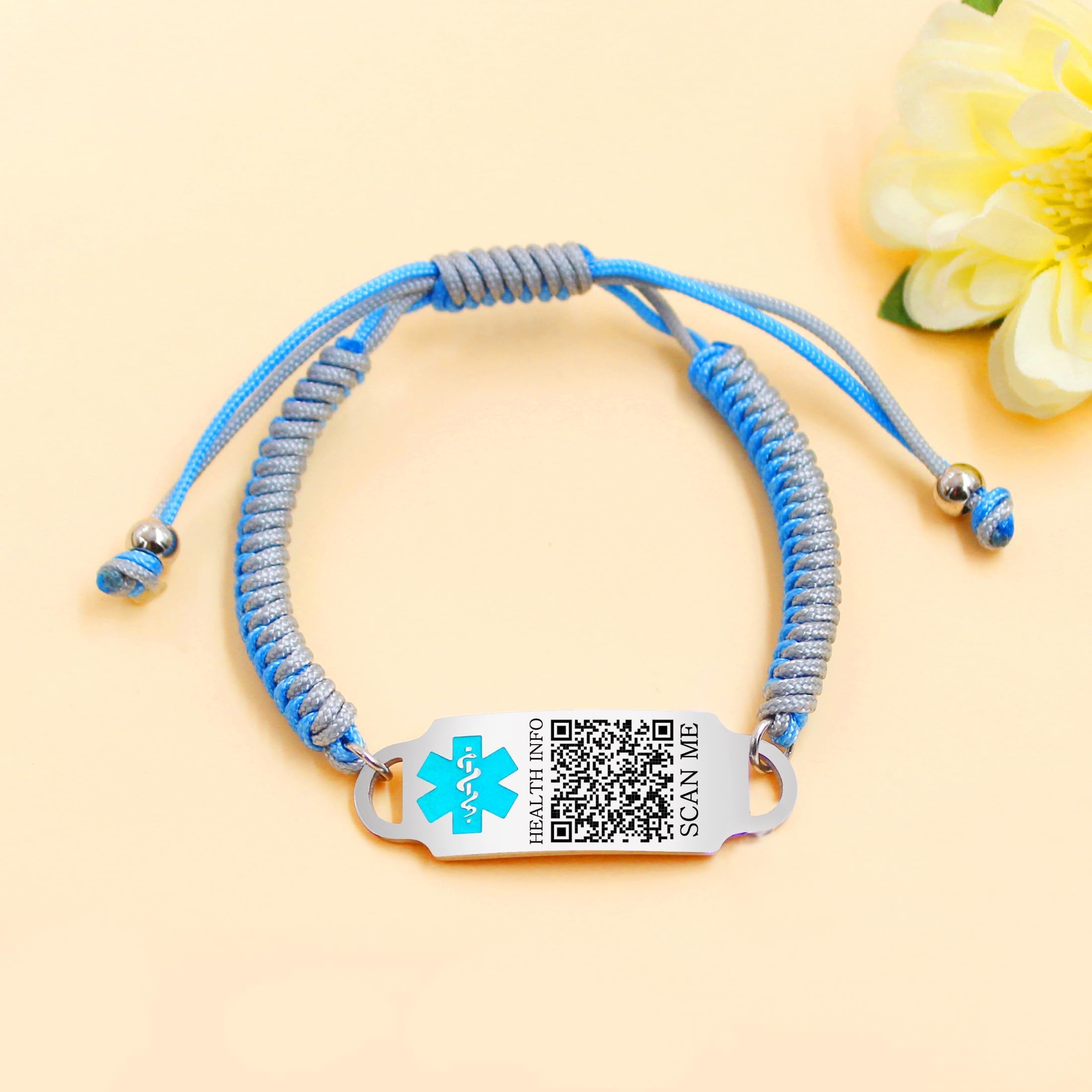 Armband mit QR-Code – Graviertes medizinisches ID-Band – Verstellbares, handgefertigtes Seilarmband für Diabetes, Herzerkrankungen, Allergien – YA5657