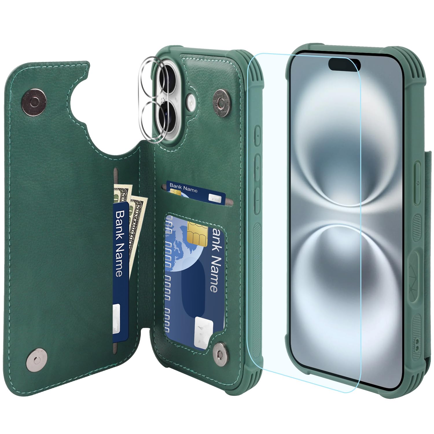 VANAVAGY Compatible for iPhone 16 Wallet Case with Credit Card Holder,Rfid Block Leather Flip Folio Phone Cover Fits Magnetic Car Mount and Stand with Screen Camera Protector,Forest Green