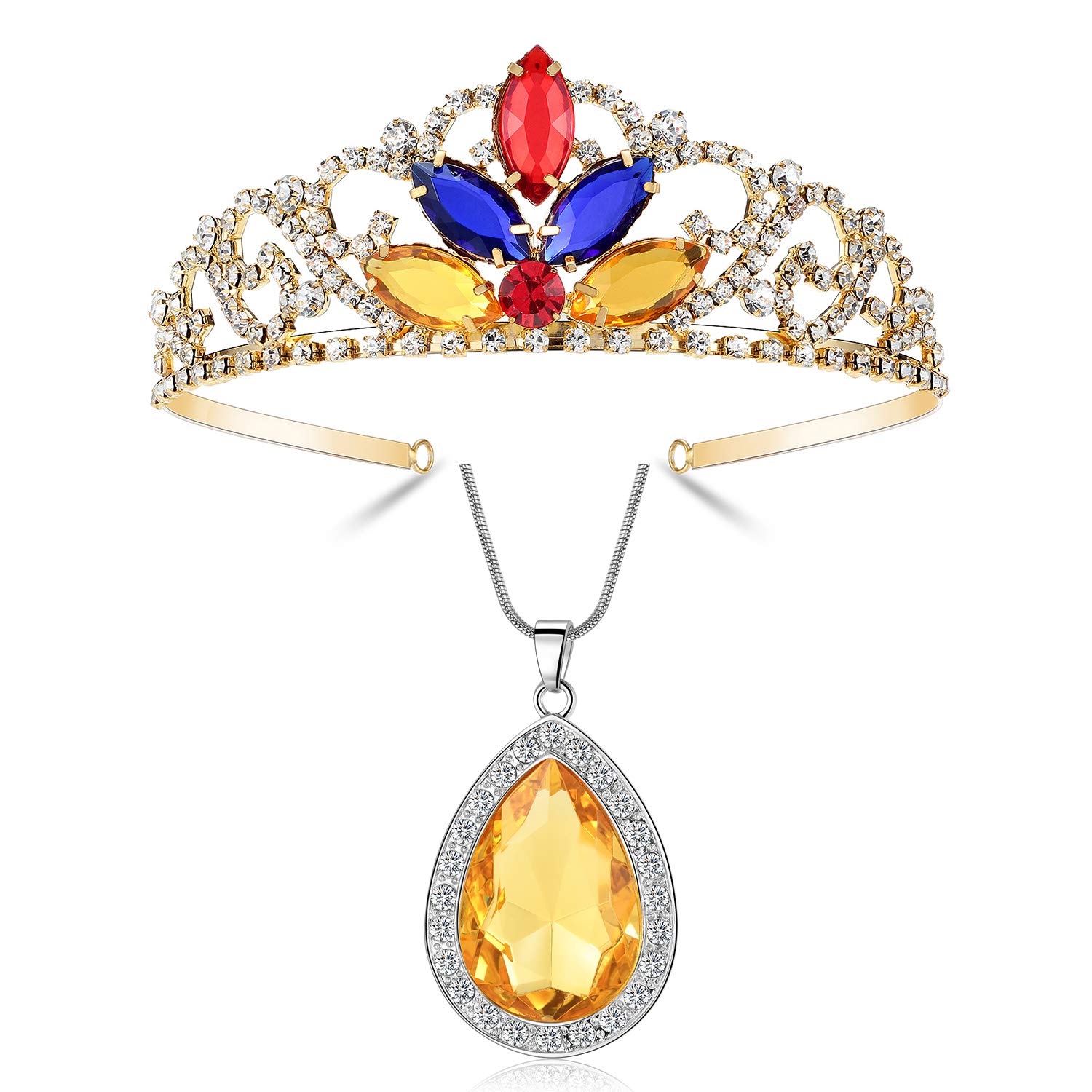 hengkaixuan Snow White Princess Tiara Crown & Yellow Crystal Necklace Girls Costume Jewelry Set Birthday Princess Accessories