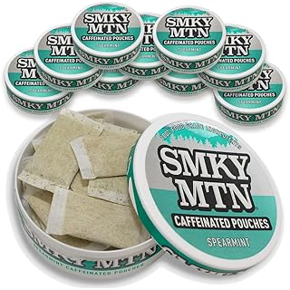 Smokey Mountain Caffeinated Pouches - Spearmint - Tobacco Free and Nicotine Free - 10 Can Box - 15 Pouches Per Can