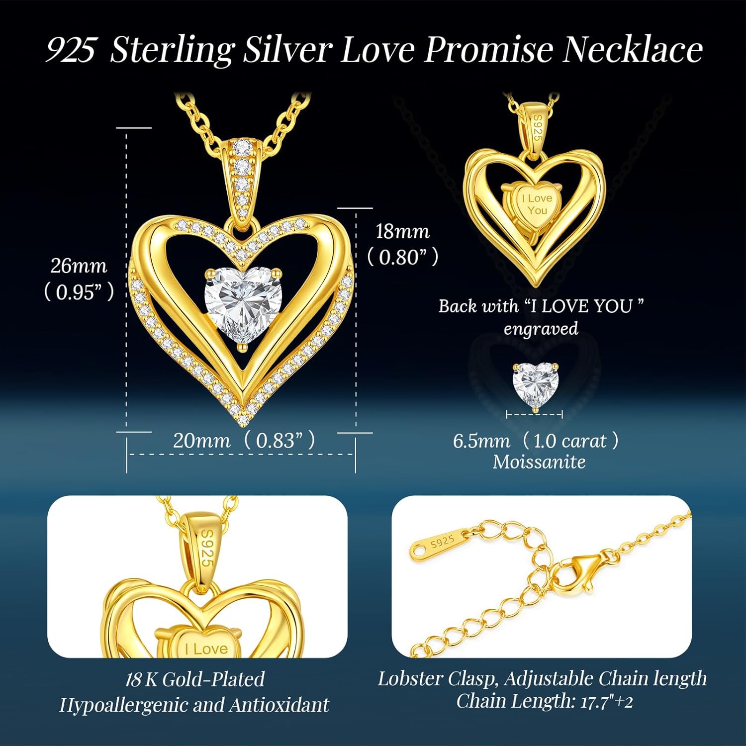 Moissanite Infinity Love Heart Pendant Necklaces for Women, 1-3 Carat 925 Sterling Silver 18K Gold Plated Engraved with"I LOVE YOU', Anniversary Birthday Present Jewelry Christmas Valentines Day Gift for Women Wife Girlfriend Her - Image 5