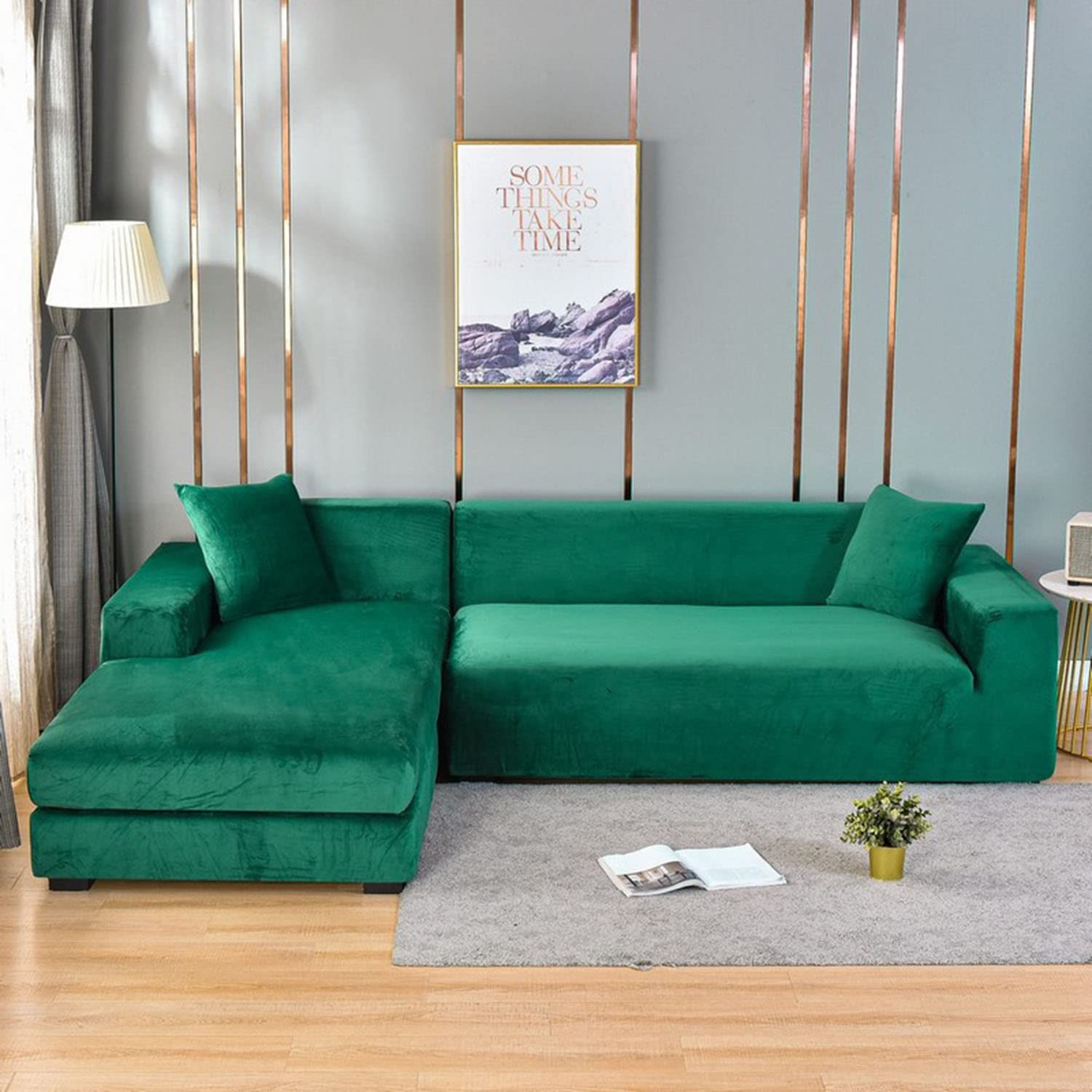 YOPOIY 2 Pcs Solid Color Sectional Sofa Cover, Velvet Plush Dustproof Corner Couch Cover with Elastic Band Pet Dog Furniture Cover-green-2 Seater + 2 Seater