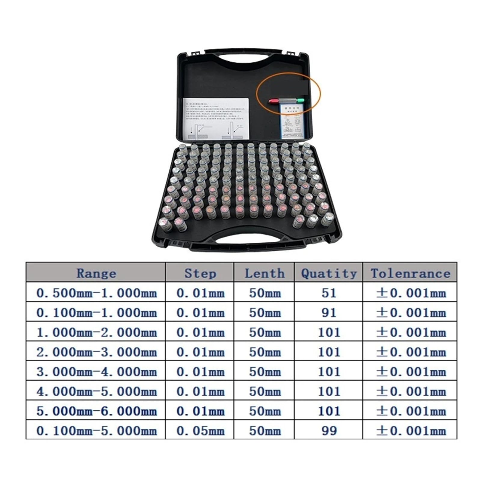 Juego de calibres de pasadores, rango de 0,1 a 6,00 mm, 51/91/99/101 piezas, paso de 0,01/0,05 mm para carpintería(0.10-5.00mm 99pcs)