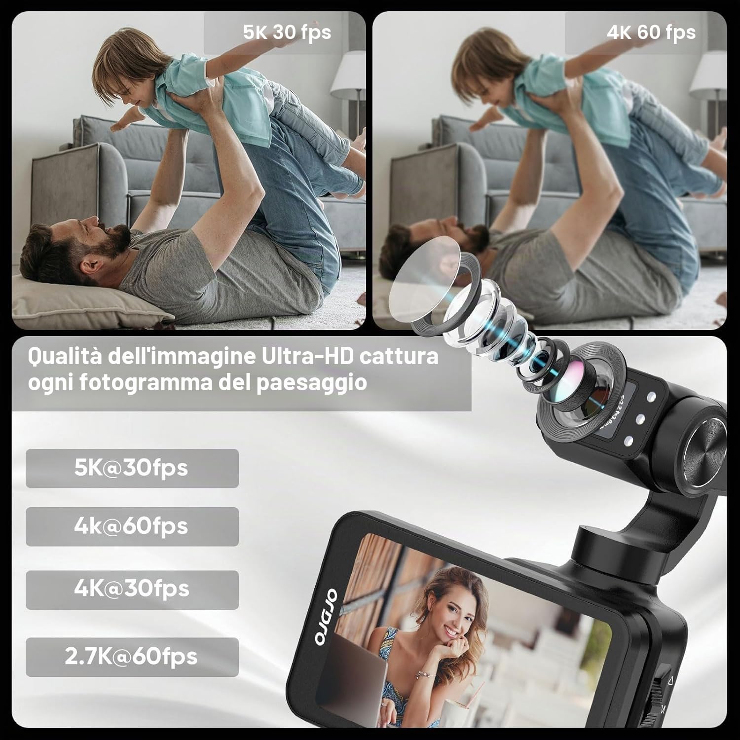 ORDRO Set portatile M5 con stabilizzazione a 3 assi, telecamera Vlog WiFi portatile con visione notturna IR, grandangolo 120° e riconoscimento facciale per YouTube