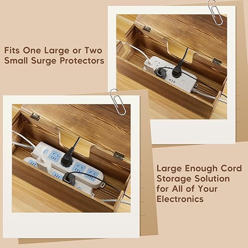 Miniatura 7 de Caja organizadora de cables grande  Caja organizadora de cables de madera quemada y caja de regletas de alimentación para gestión de cables