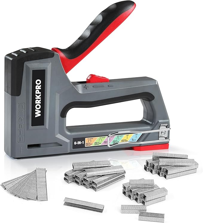 WORKPRO Agrafeuse Murale Multifonction 6 en 1 avec 4000 Agrafes, Agrafeuse Manuelle pour Fixer le Matériel, Décoration de Meuble, Assemblage de Porte, Fenêtre, Armoire