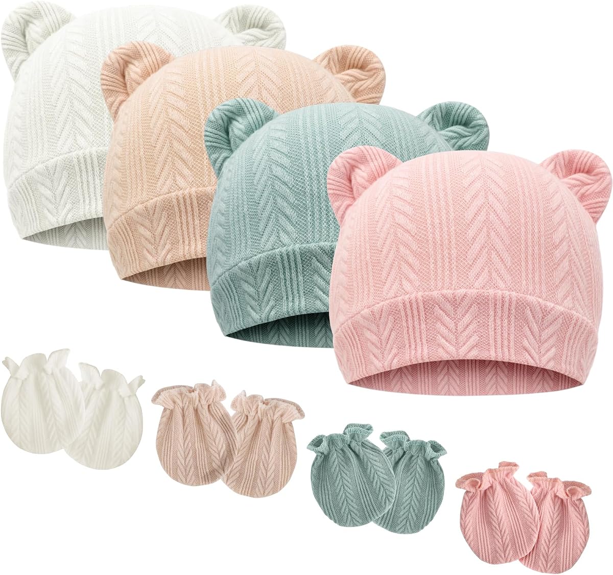 BQUBO Gorros para bebés recién nacidos, Conjuntos de Manoplas y Orejas de Oso, Gorros para bebés prematuros, Gorros para bebés de 0 a 3 Meses