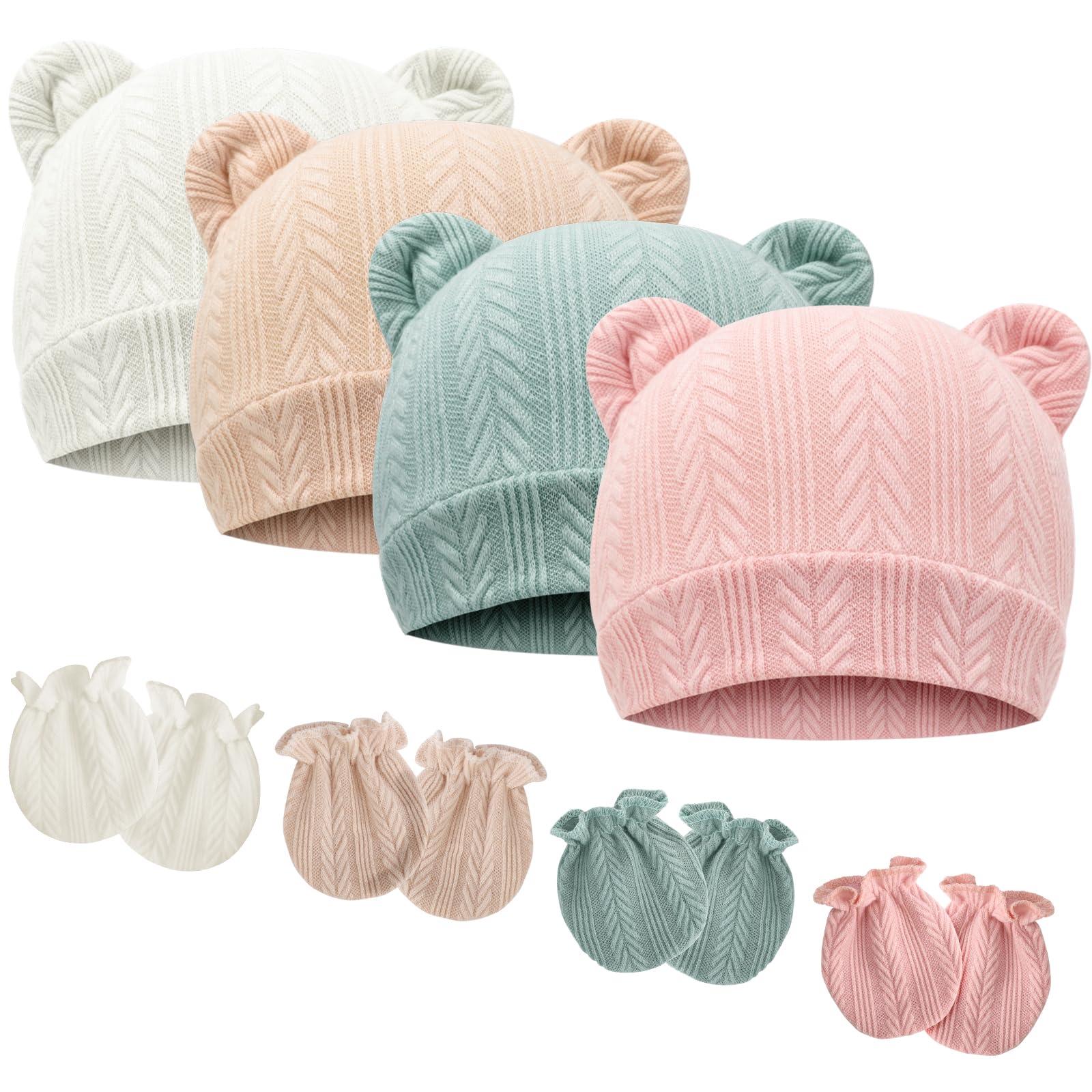 BQUBO Newborn Baby Hats Bear Ears and Mittens Sets Preemie Caps Baby Boy Girl Infant Hospital Beanie for 0-3 Months