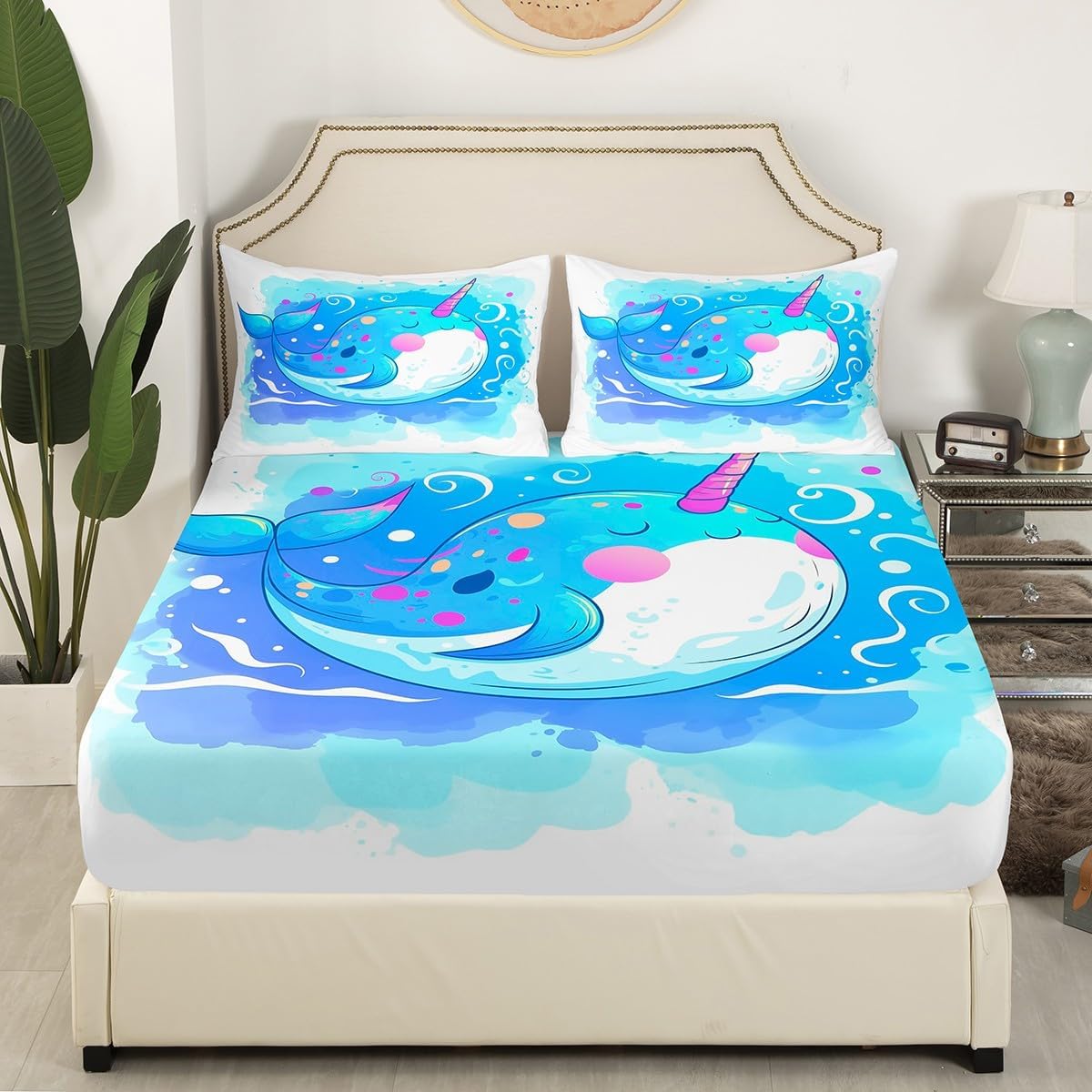 Cute Narwhal Fitted Sheet Queen for Kids Youth,Ranibow Unicorn Bedding Set Gifts for Girls,Cartoon Ocean Whale Bed Sheets Blue Tie Dye Bed Cover Nautical Ocean Themed Bedroom Decor,No Flat Sheet