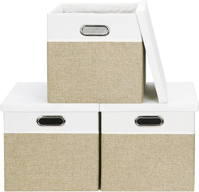 Febzoce Storage Boxes with Lids, Storage Cubes for Unit Shelves Collapsible Fabric Shelf Basket Bins Toy Box Organizer Desert Large 30 x 30 x 30cm 3-Pack