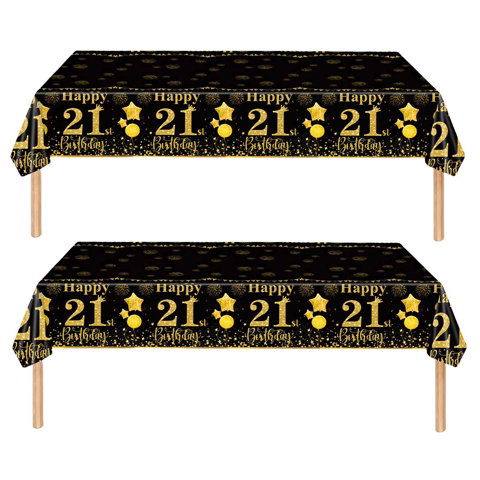 2pcs Black Gold Happy 21st Birthday Table Cloth Cover Party for Boys,Girls,Men,Women,Him,Her,137*274cm 21st Birthday Table Decorations,Rectangular Plastic Tablecloth for 21st Birthday Party Supplies