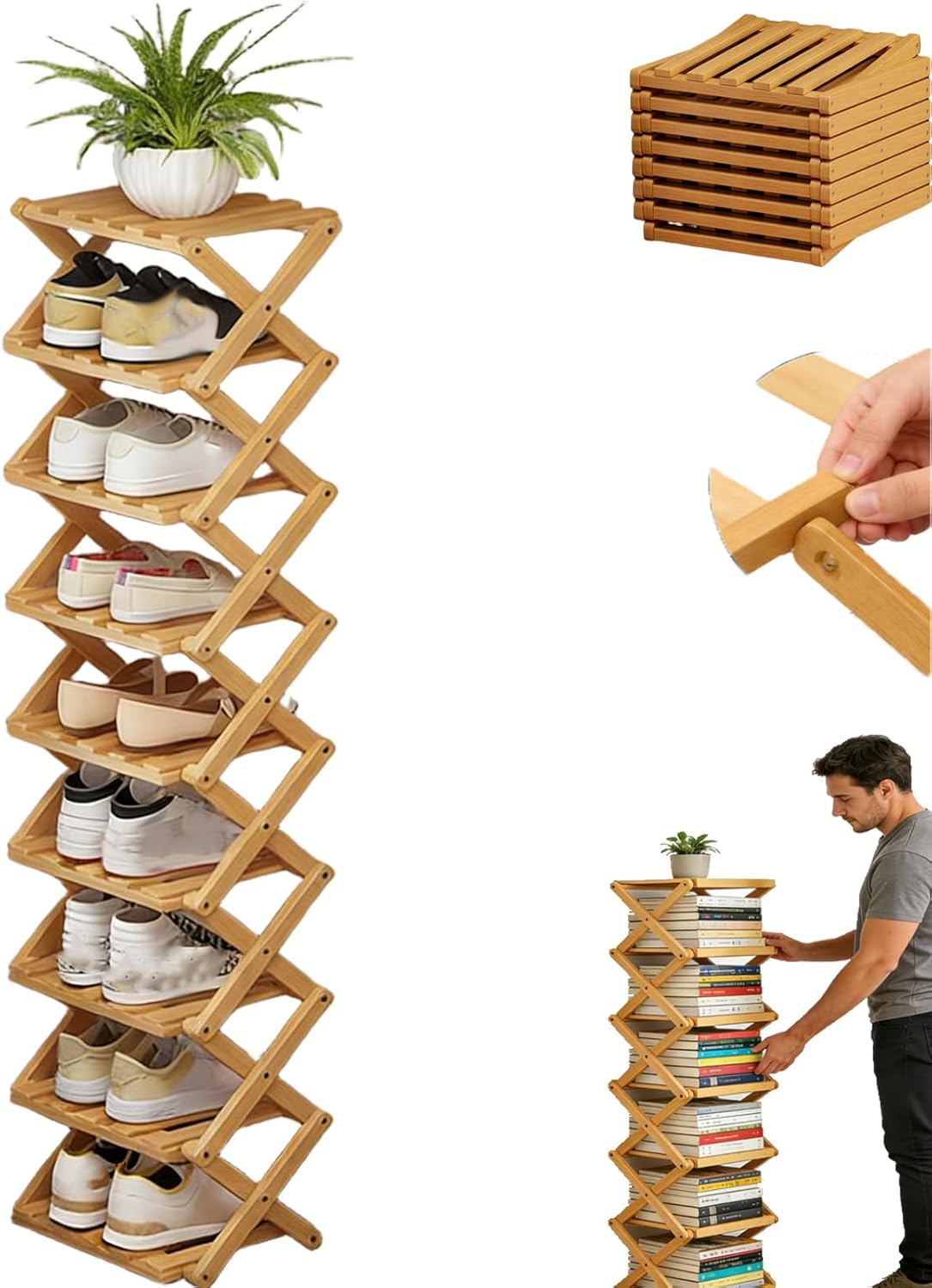 9 Tier Bamboo Shoe Rack, The 9-Tier No-Assembly Bamboo Rack, 9 Tier Portable Folding Shoe Storage Rack, Vertical Shoe Organizer for Small Spaces (Nature)