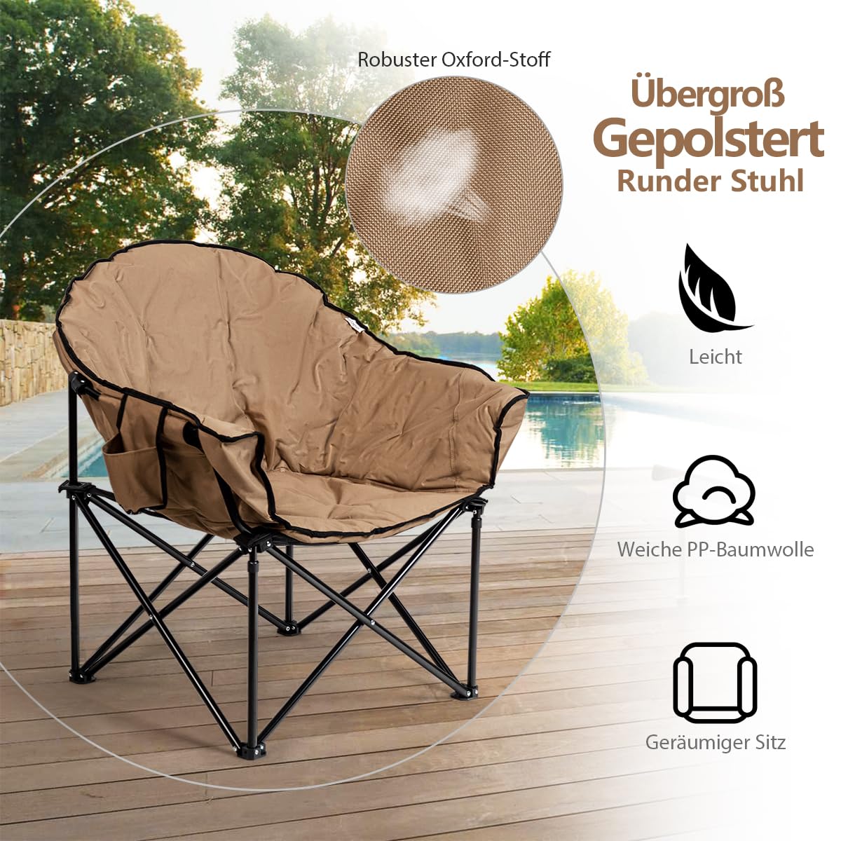 COSTWAY Übergroßer Campingstuhl 200KG Belastbar, faltbares Campingsofa mit Getränkehalter, Campingsessel mit hoher Rückenlehne, gepolsterter Klappstuhl, Moonchair für Outdoor, Garten, Camping
