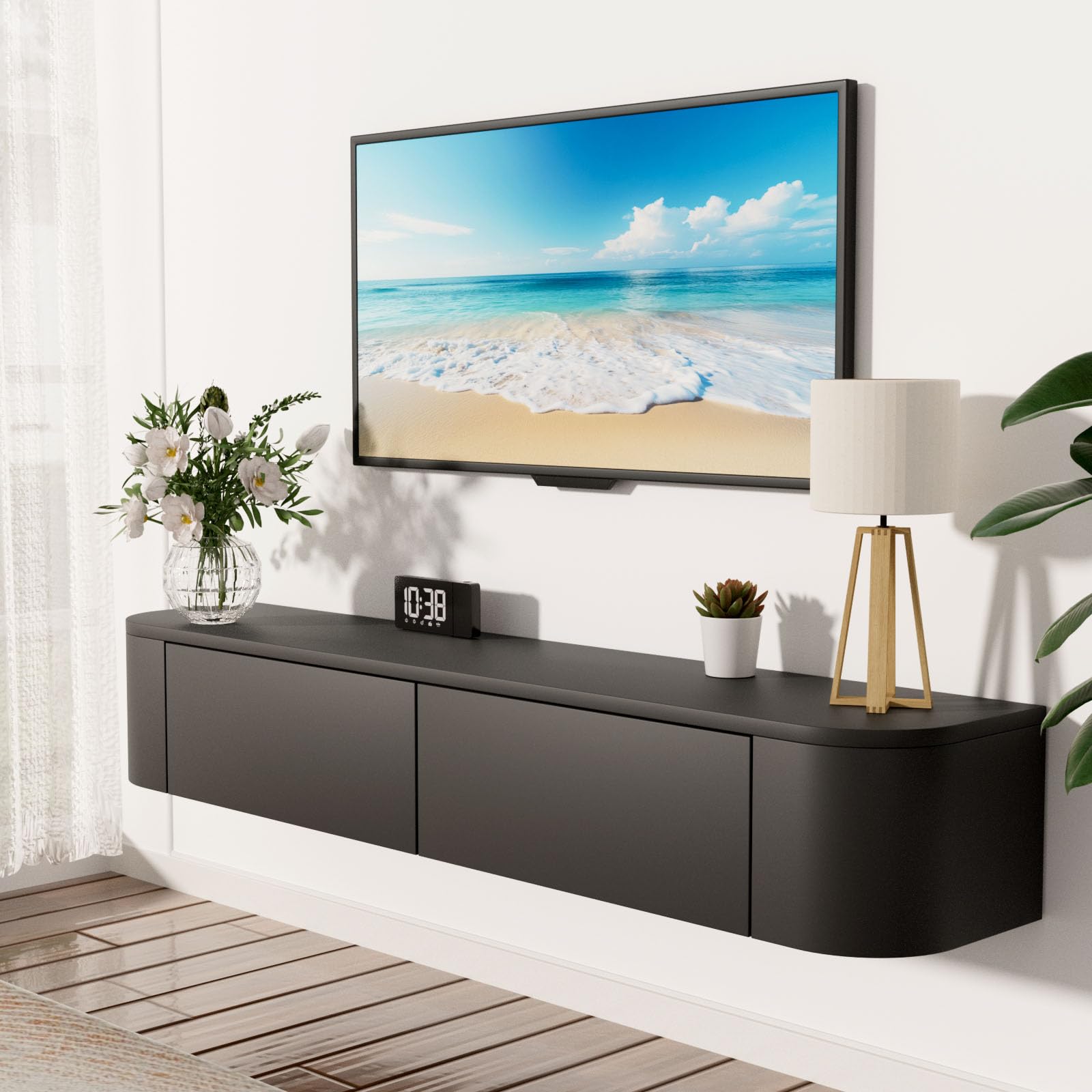 JMGJOY 120cm Floating Tv Stand Cabinet Wall Mounted Tv Unit with Doors Media Wall Unit Large Storage Console Table for Living Room Bedroom and Office, Black