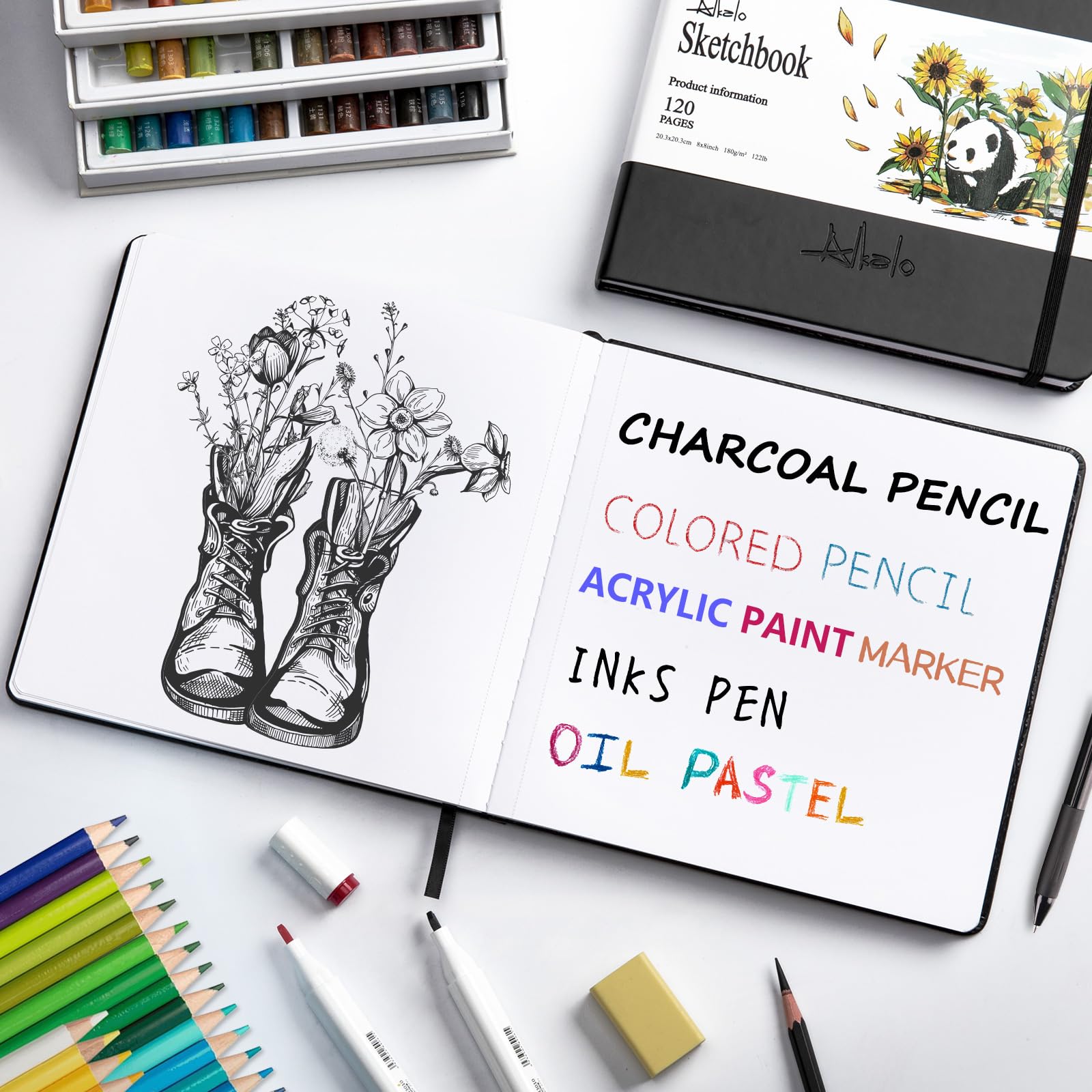 ALKALO Sketchbook Carnet de dessin carré avec élastique et ruban marque-page - 180 g/m² - 55 kg - Noir