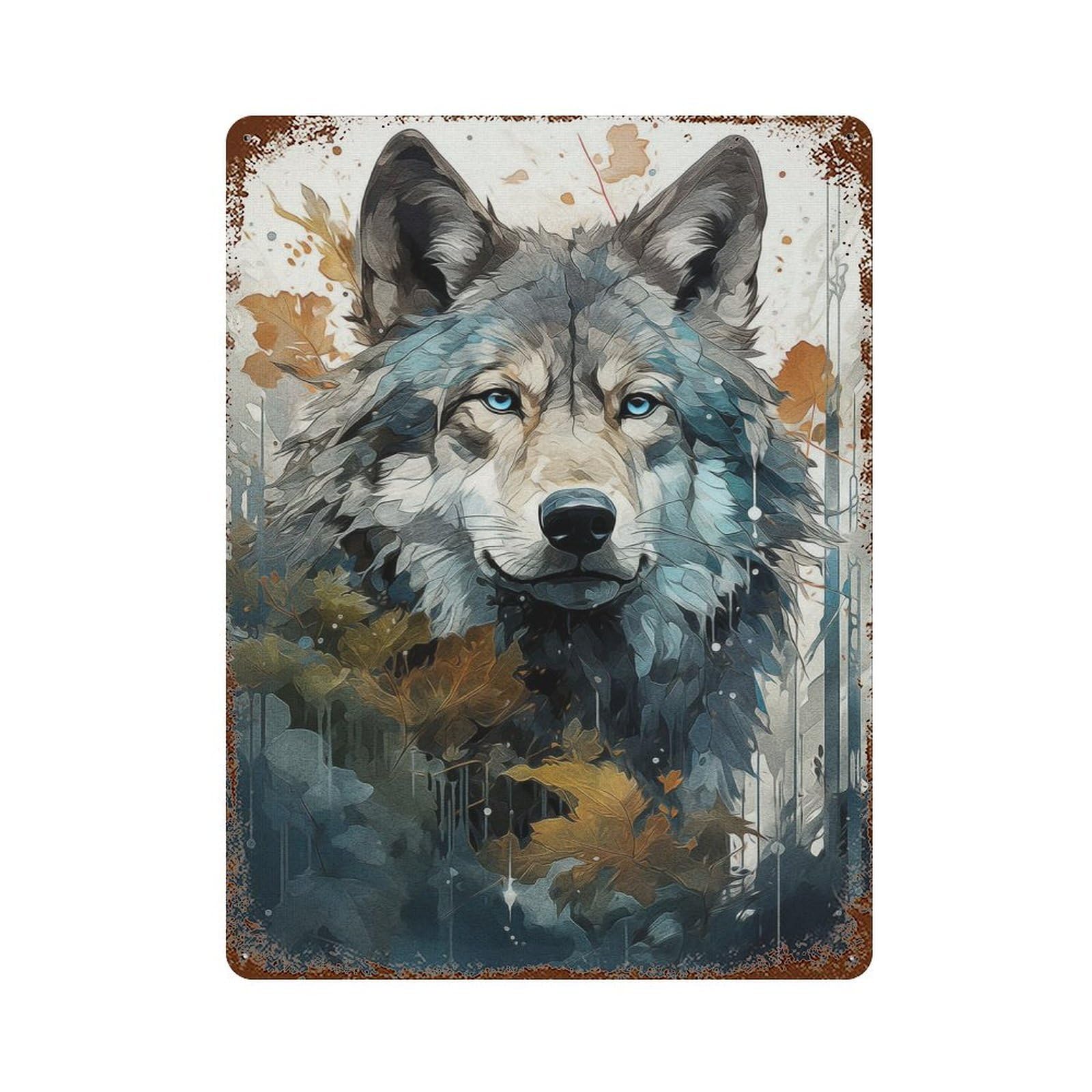 Garage Style Wolf Blue Eyes Weathered Tin Sign 15.7"x11.8", Classic Wall Plaque for Bar And Workshop